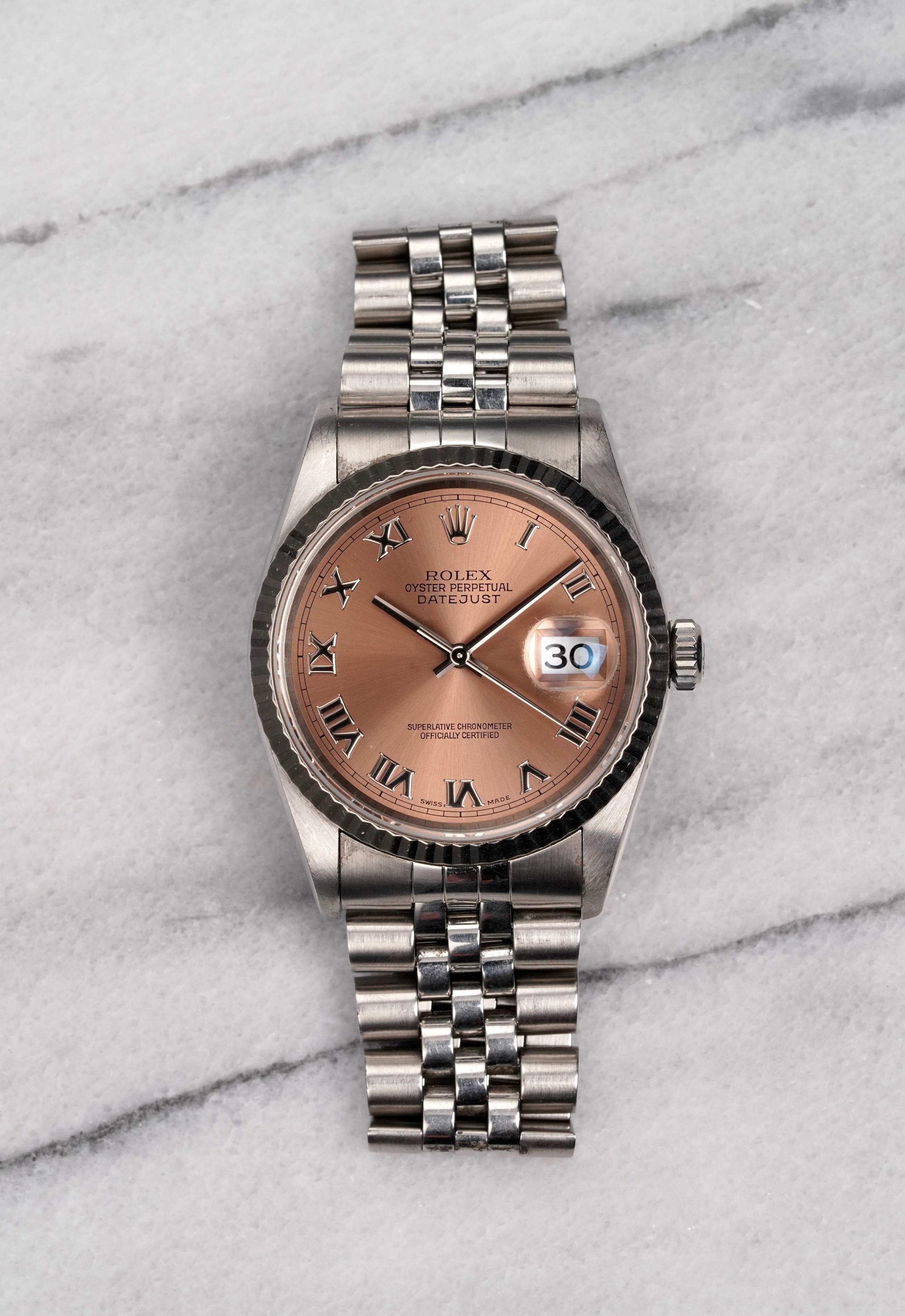 Rolex Datejust 16234 - Salmon Roman numerals.