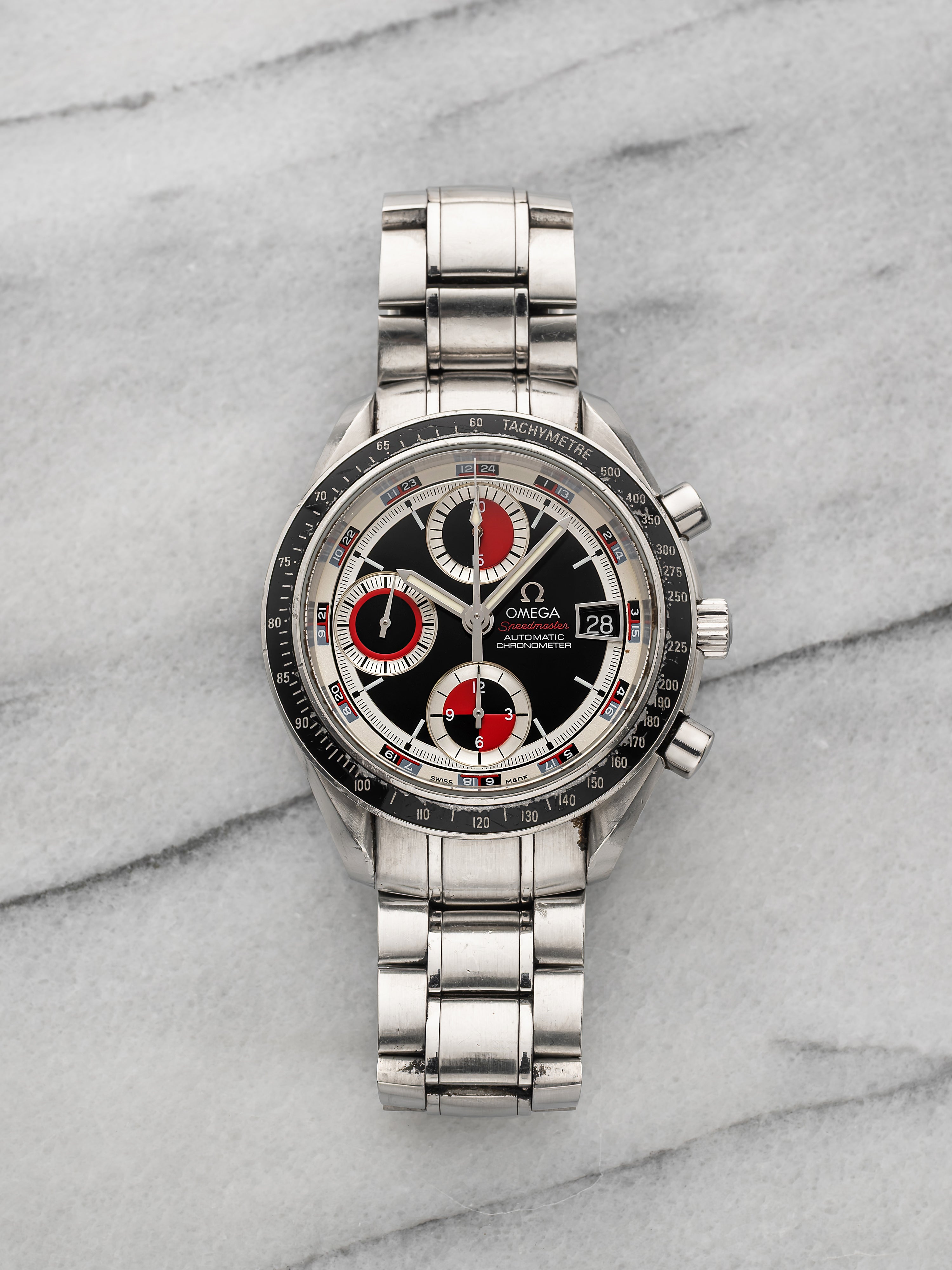 2000s Omega Speedmaster Date 3210.5200 Stainless Steel Red Black Silver Dial Aut