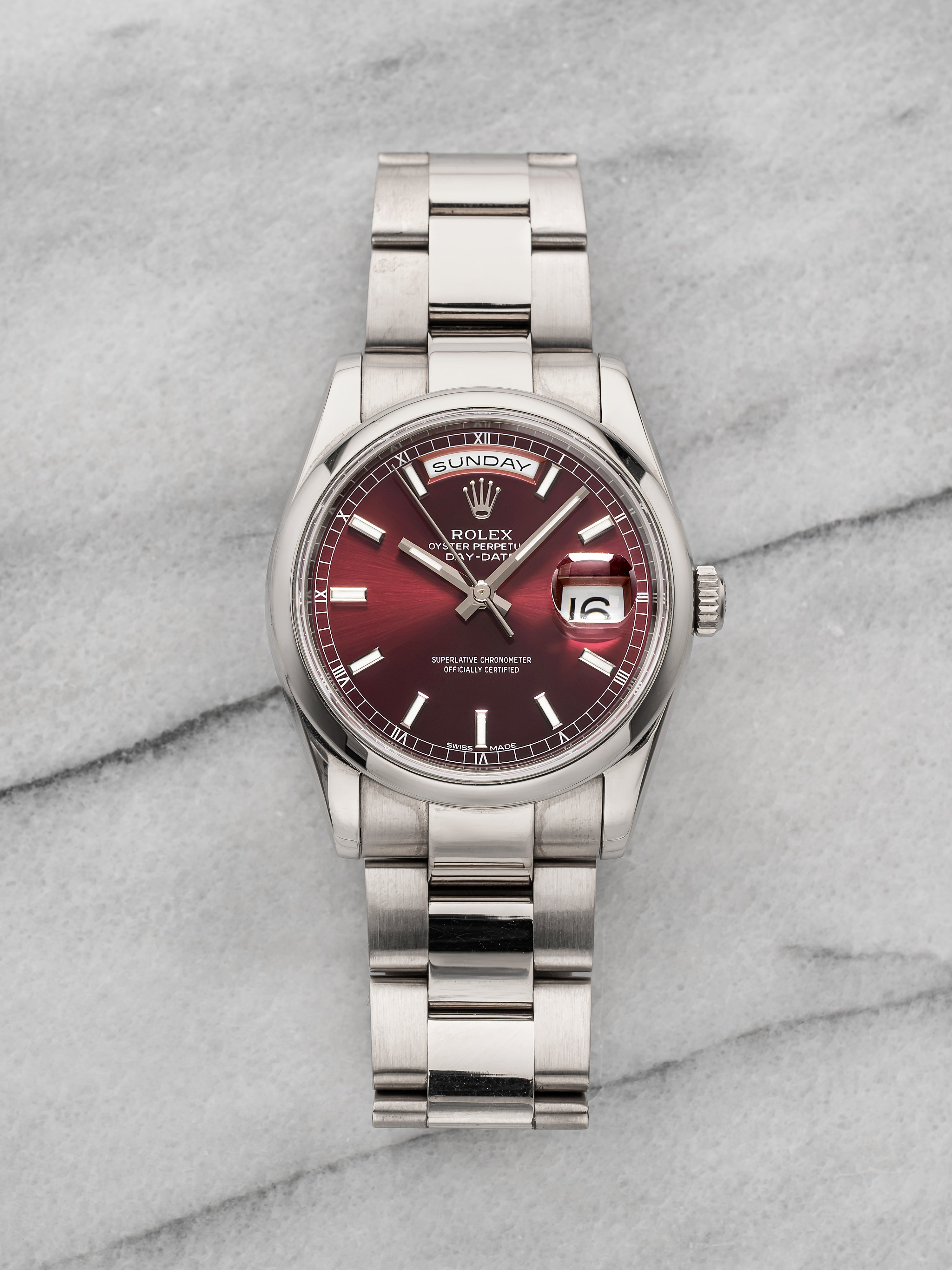 2000 Rolex Day-Date 118209 18K White Gold Cherry Dial Automatic 36mm
