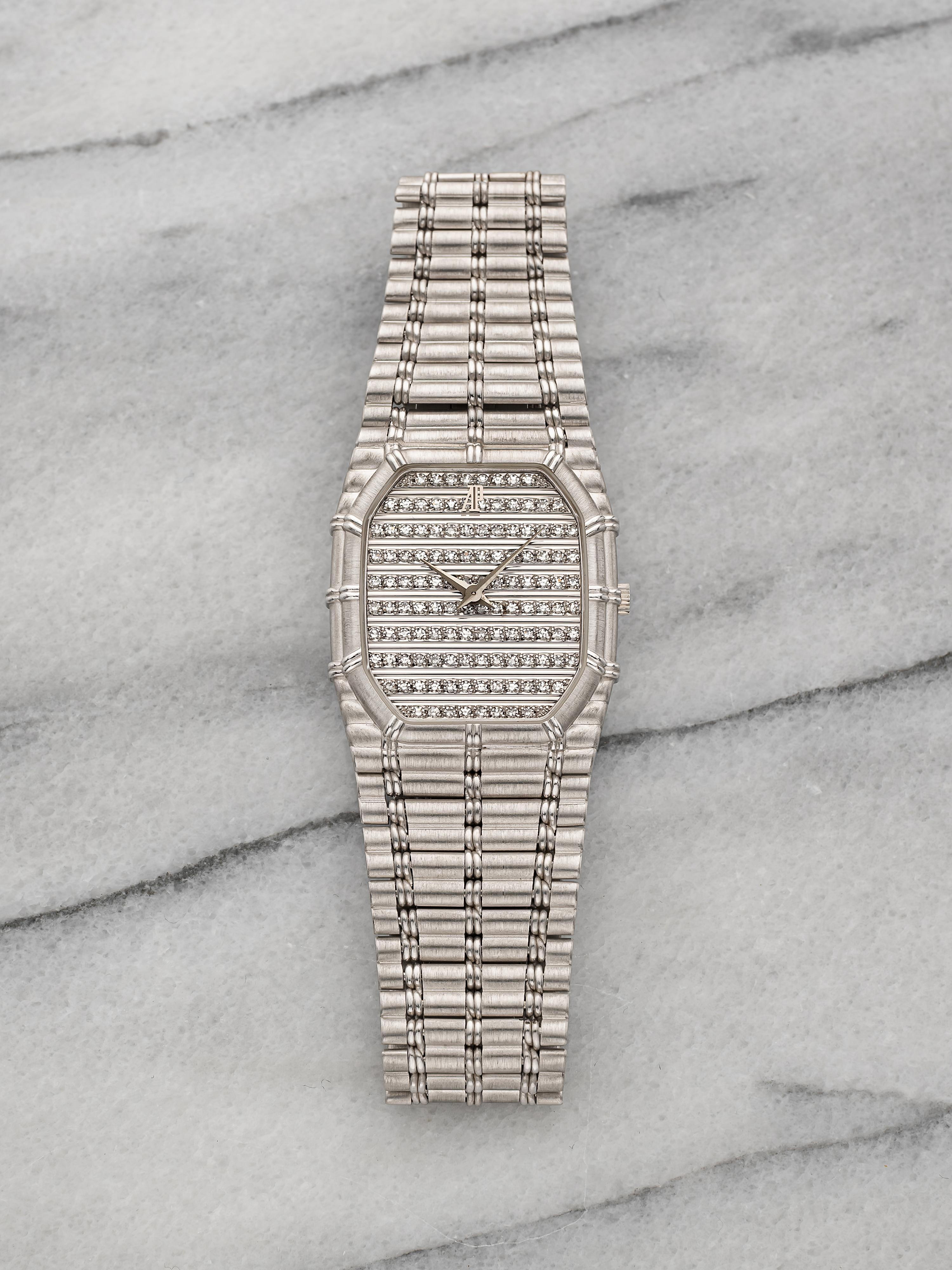 Vintage 1980s Audemars Piguet Bamboo 18K WG Diamond Gadroon Dial Quartz 27 mm