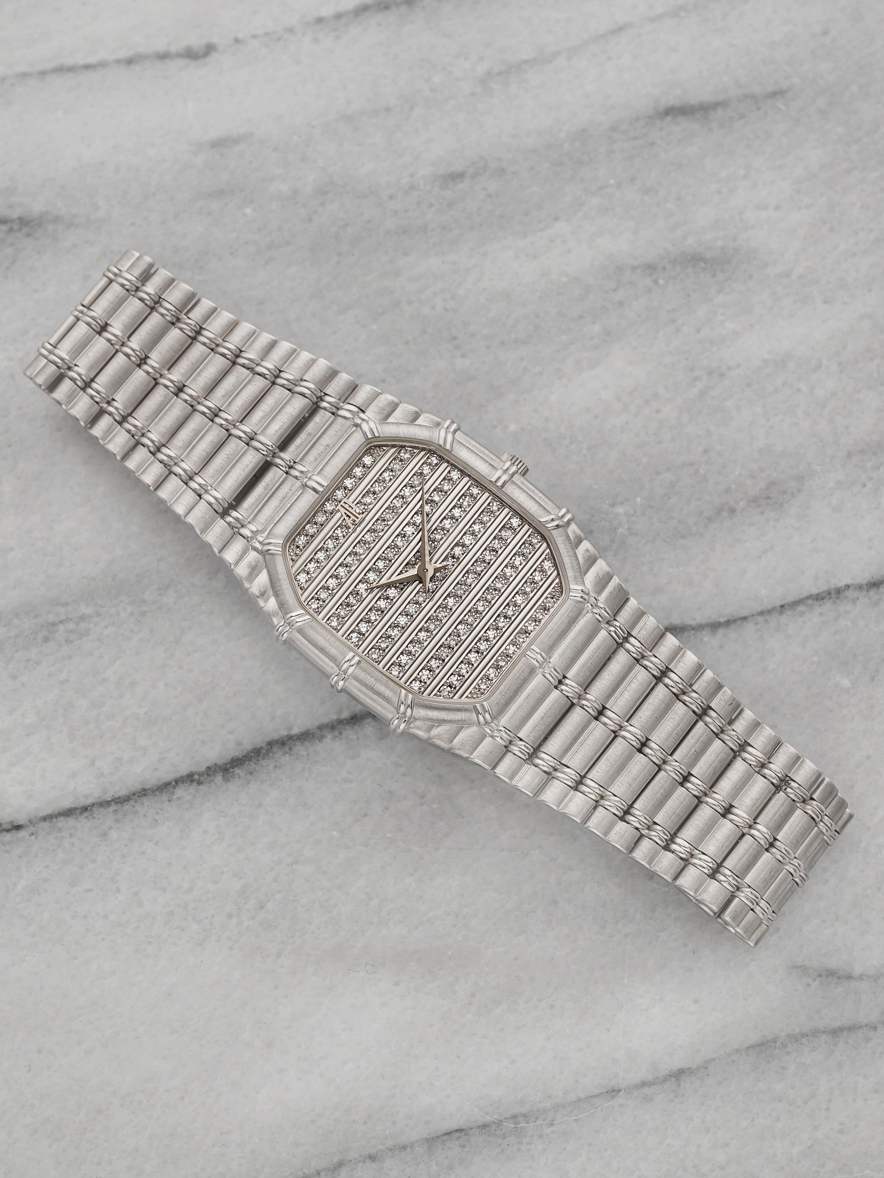 Vintage 1980s Audemars Piguet Bamboo 18K WG Diamond Gadroon Dial Quartz 27 mm