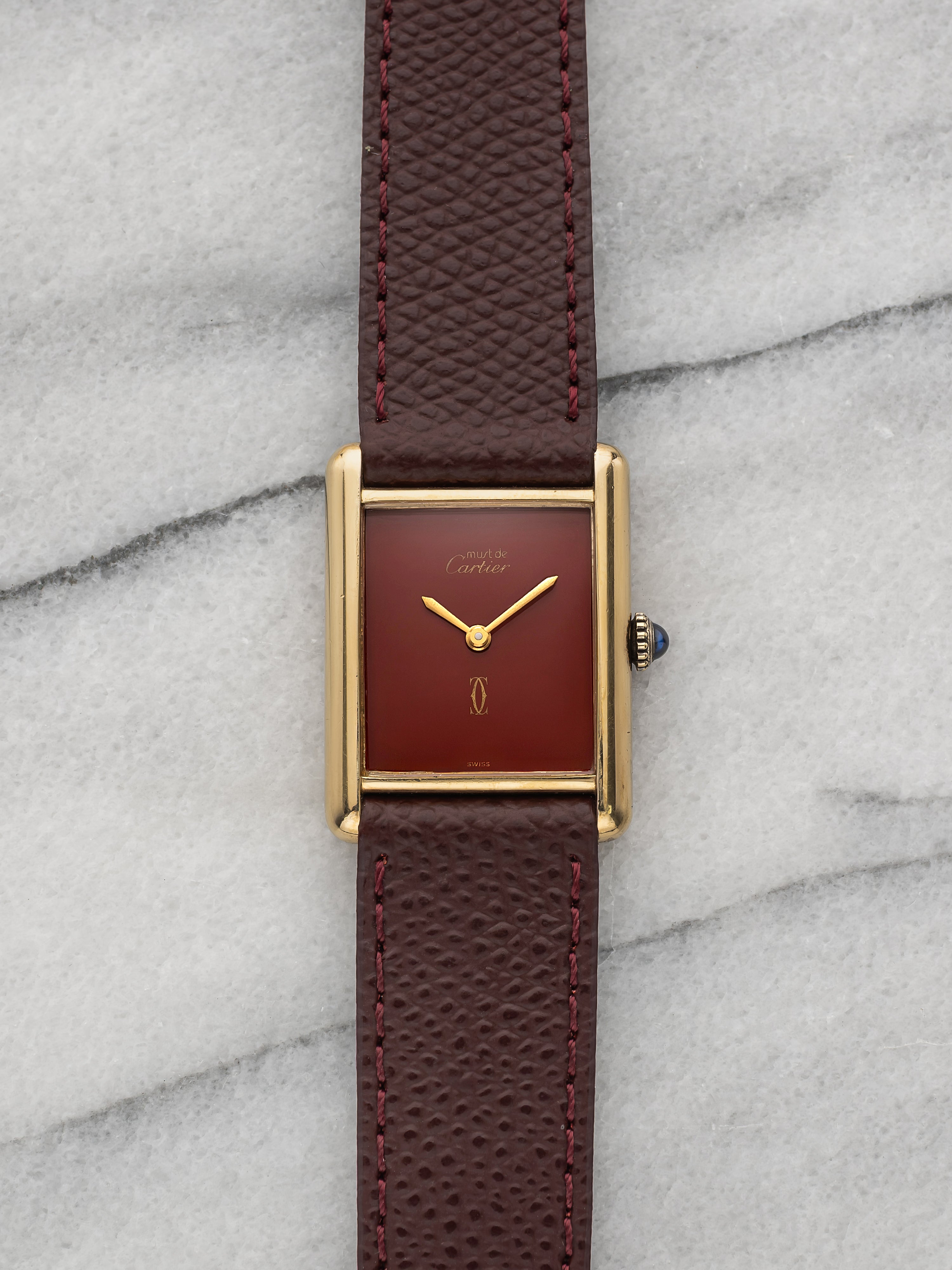 1970s Cartier Must Tank Vermeil Burgundy Spidered Dial Quartz 23mm