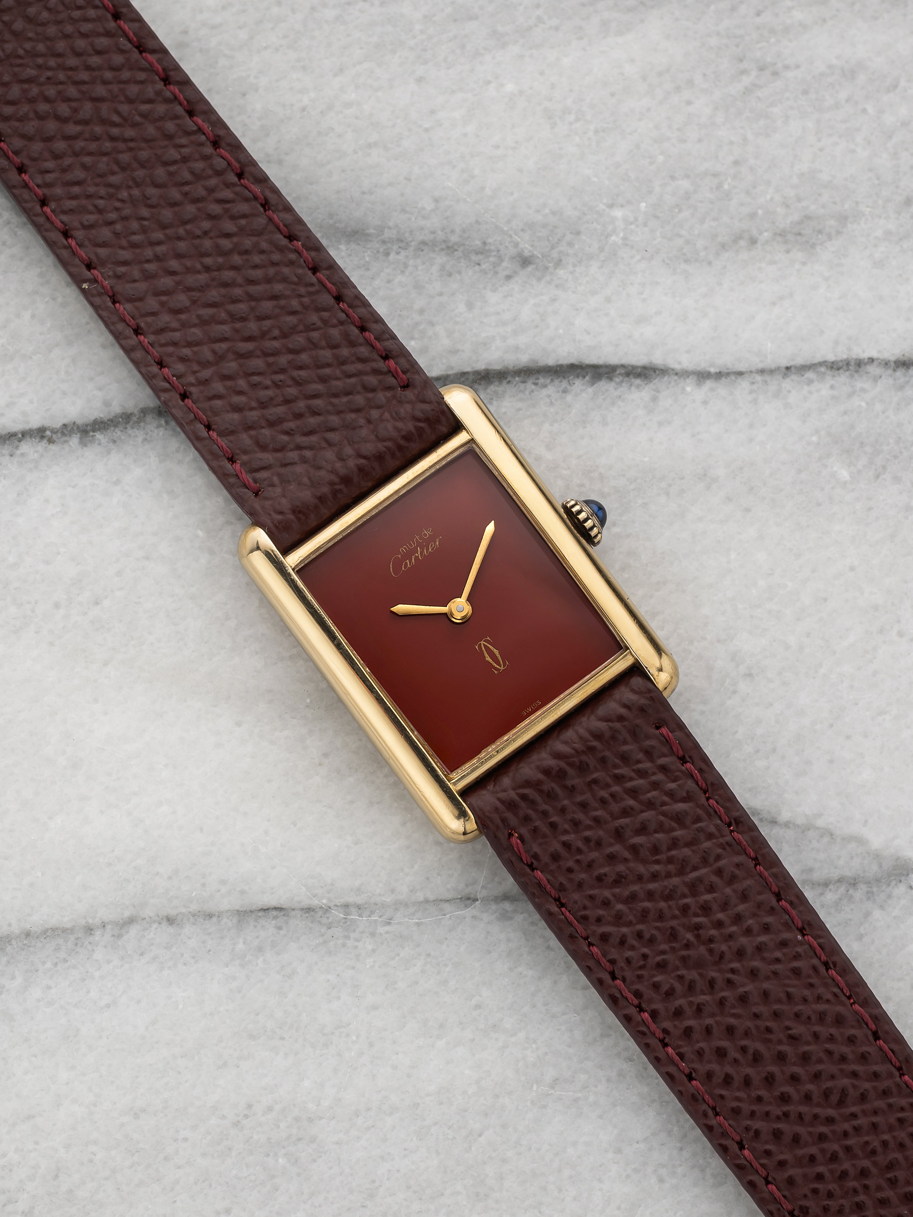1970s Cartier Must Tank Vermeil Burgundy Spidered Dial Quartz 23mm