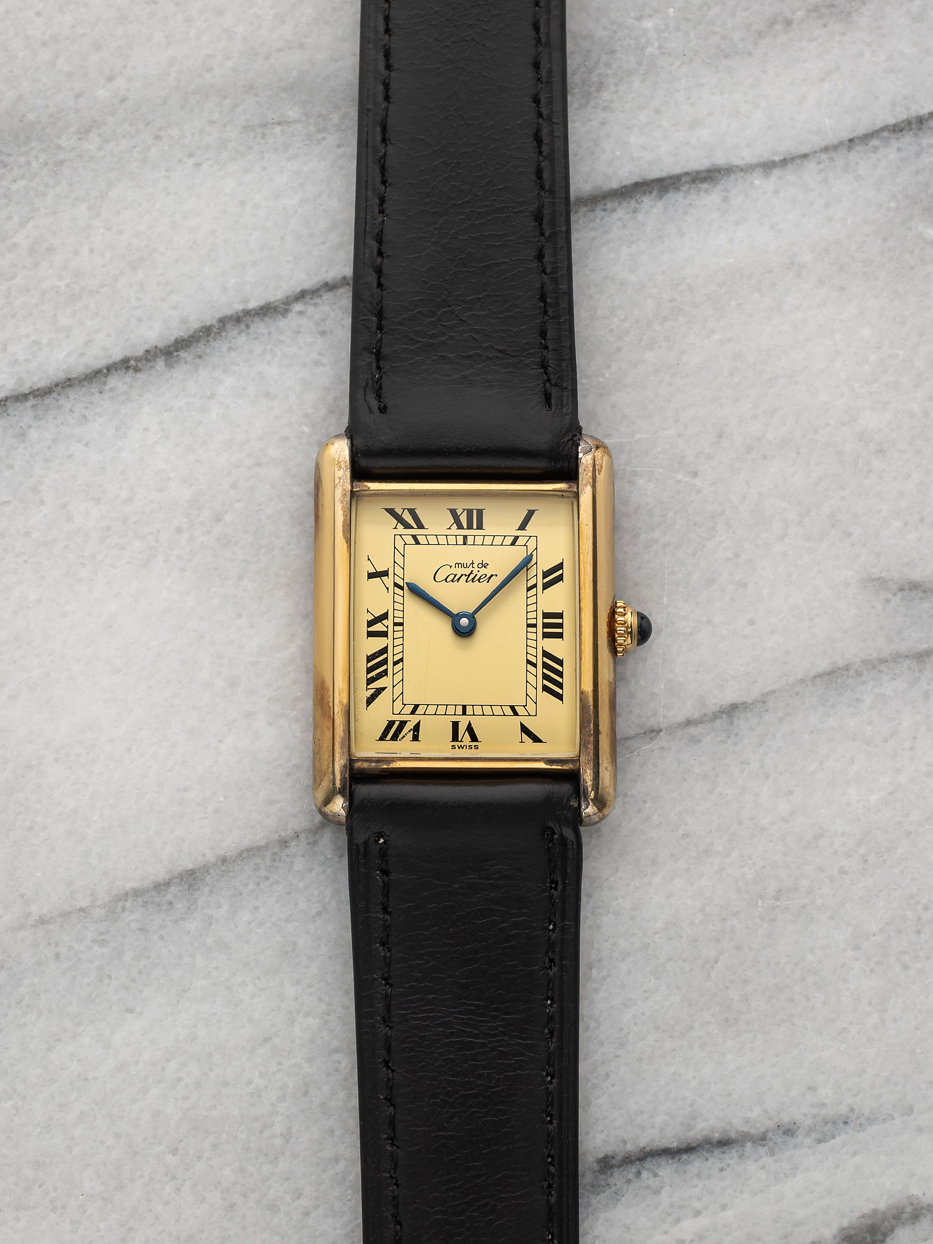 1970s Cartier Must de Tank 590005 Vermeil Lemon Roman Dial Quartz 23mm