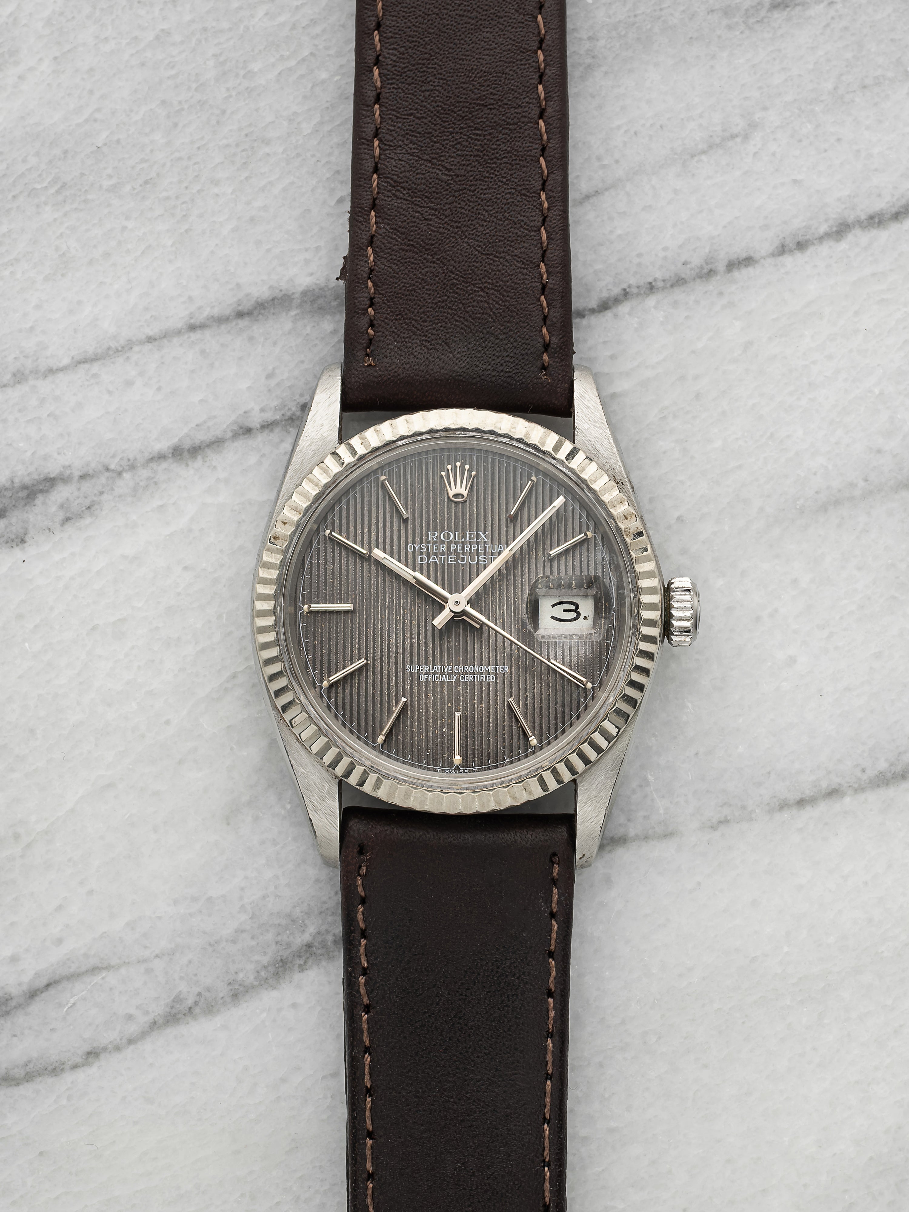 Vintage 1982 Rolex Datejust 16014 Steel Grey Tapestry Dial White Gold Auto 36mm