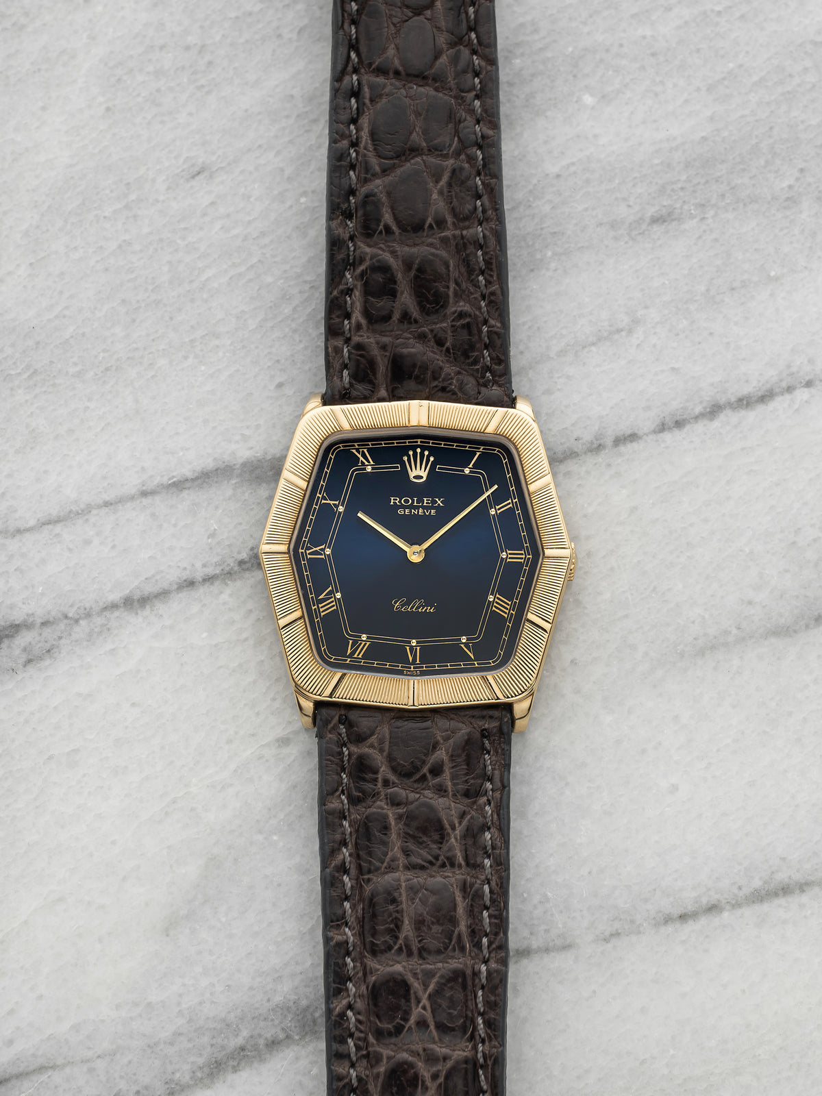 Vintage 1981 Rolex Cellini 4170 18K Yellow Gold Blue Sunburst Dial Manual 31mm