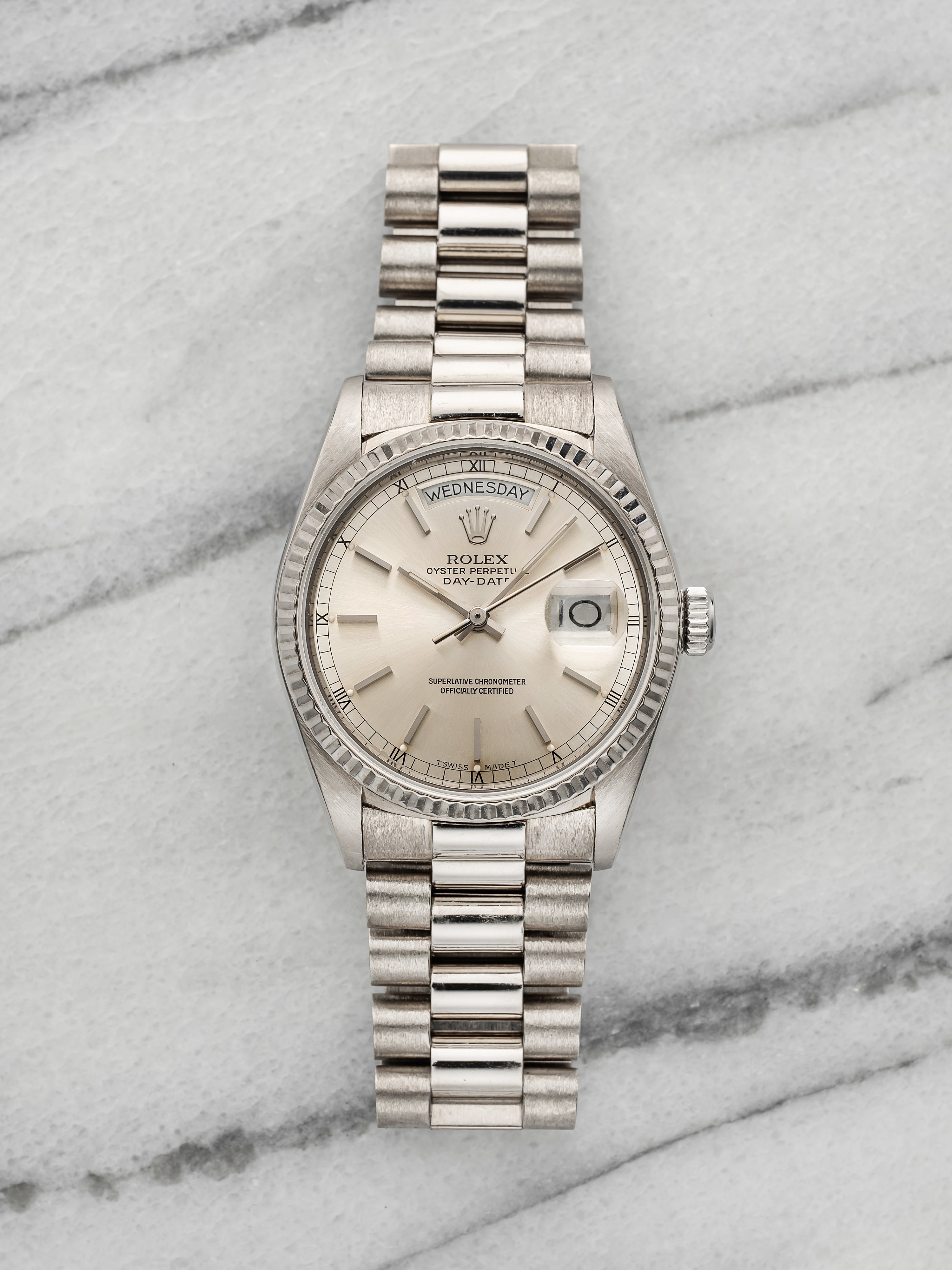 Vintage 1988 Rolex Day-Date 18039 18K White Gold Silver Dial Automatic 36mm