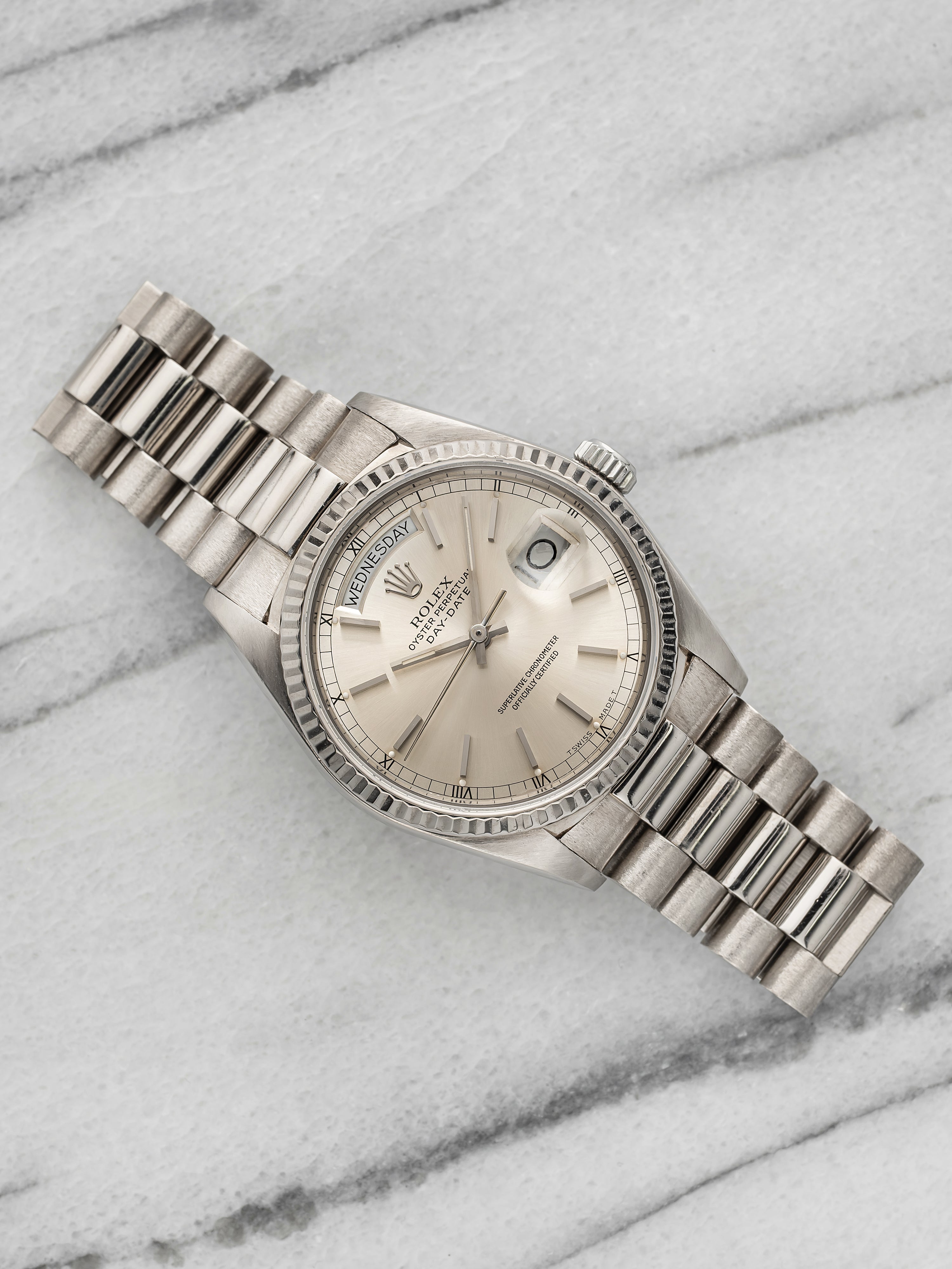 Vintage 1988 Rolex Day-Date 18039 18K White Gold Silver Dial Automatic 36mm