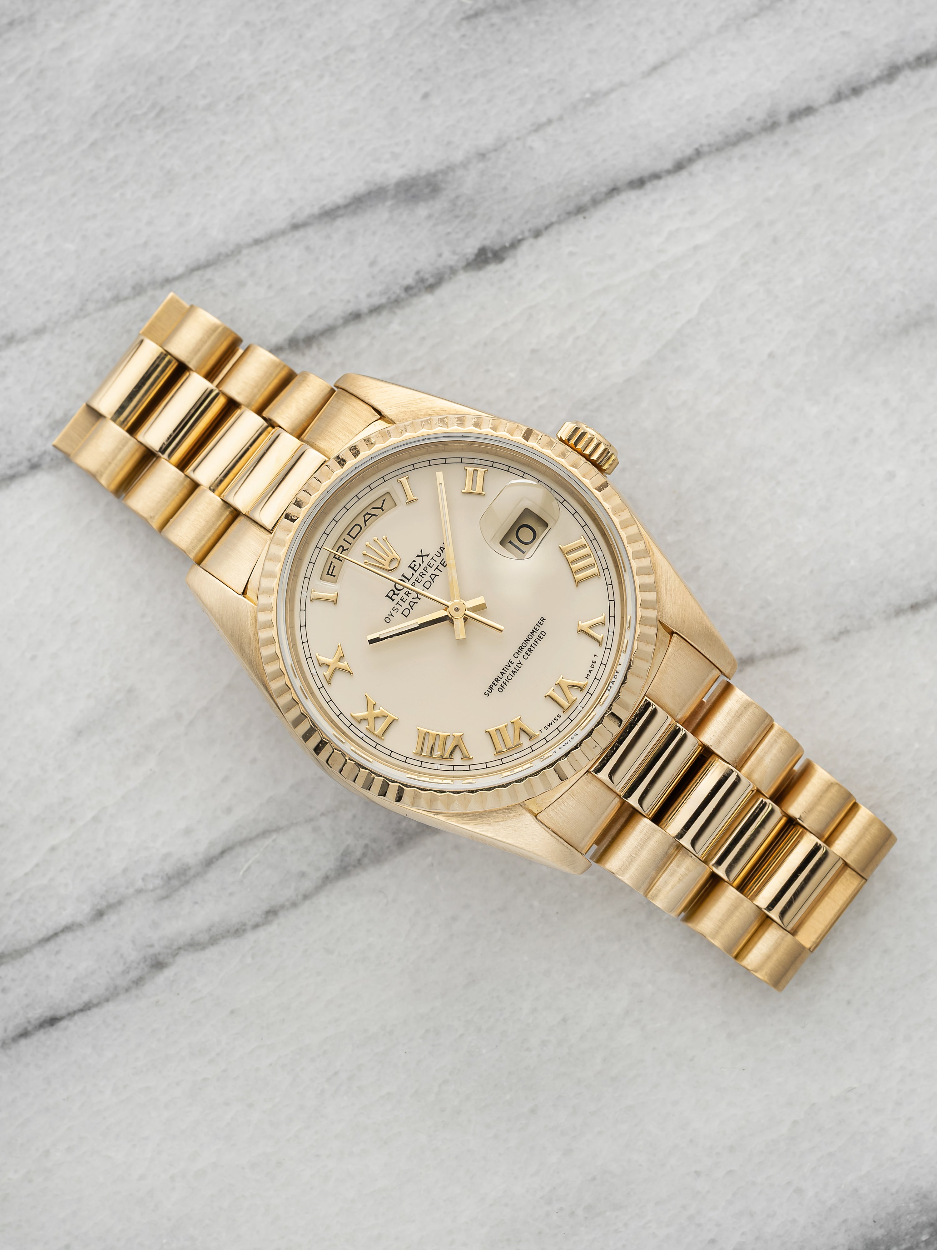 Vintage 1990 Rolex Day-Date 18238 18K Yellow Gold Ivory Roman Dial Auto 36mm