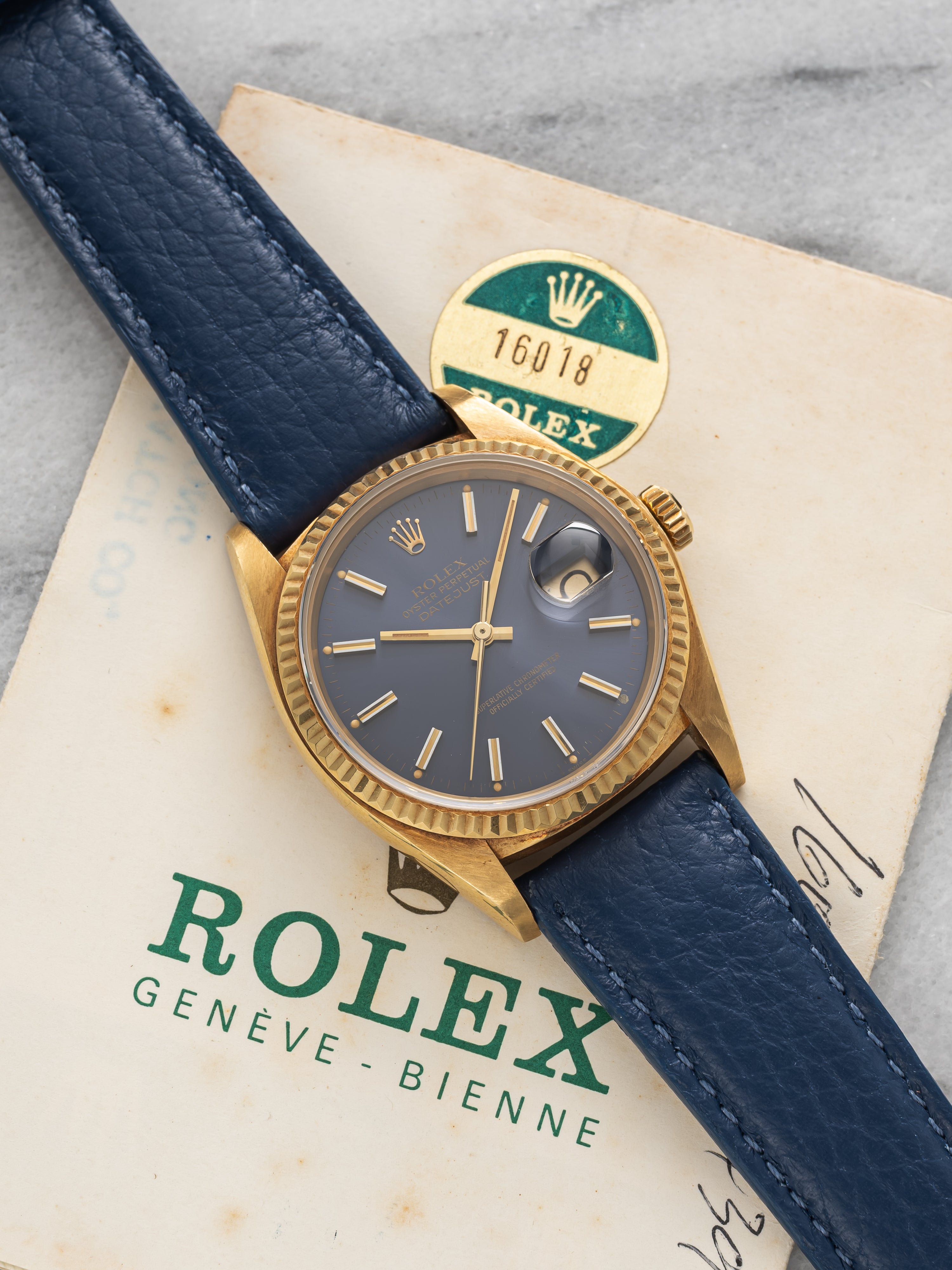1981 Rolex Datejust 16018 18K Yellow Gold Blue Dial Automatic 36mm Papers