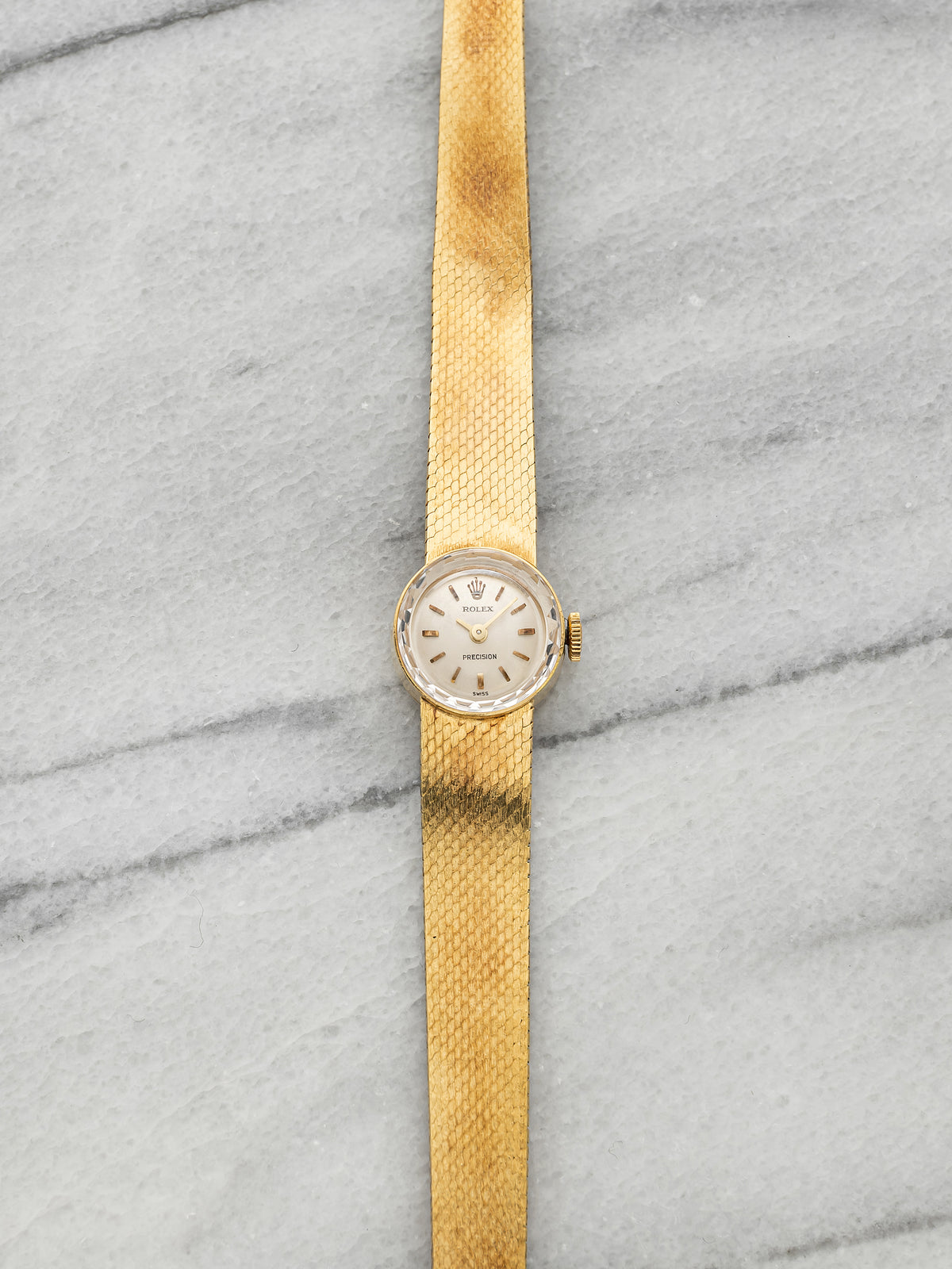 Vintage 1960s Rolex Precision Ladies Cocktail 18K YG Silver Dial Manual 15mm