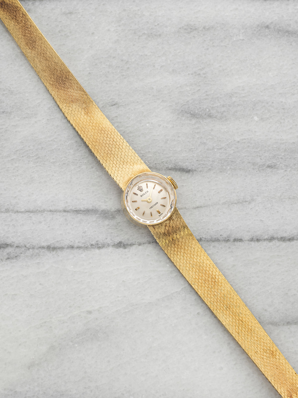 Vintage 1960s Rolex Precision Ladies Cocktail 18K YG Silver Dial Manual 15mm
