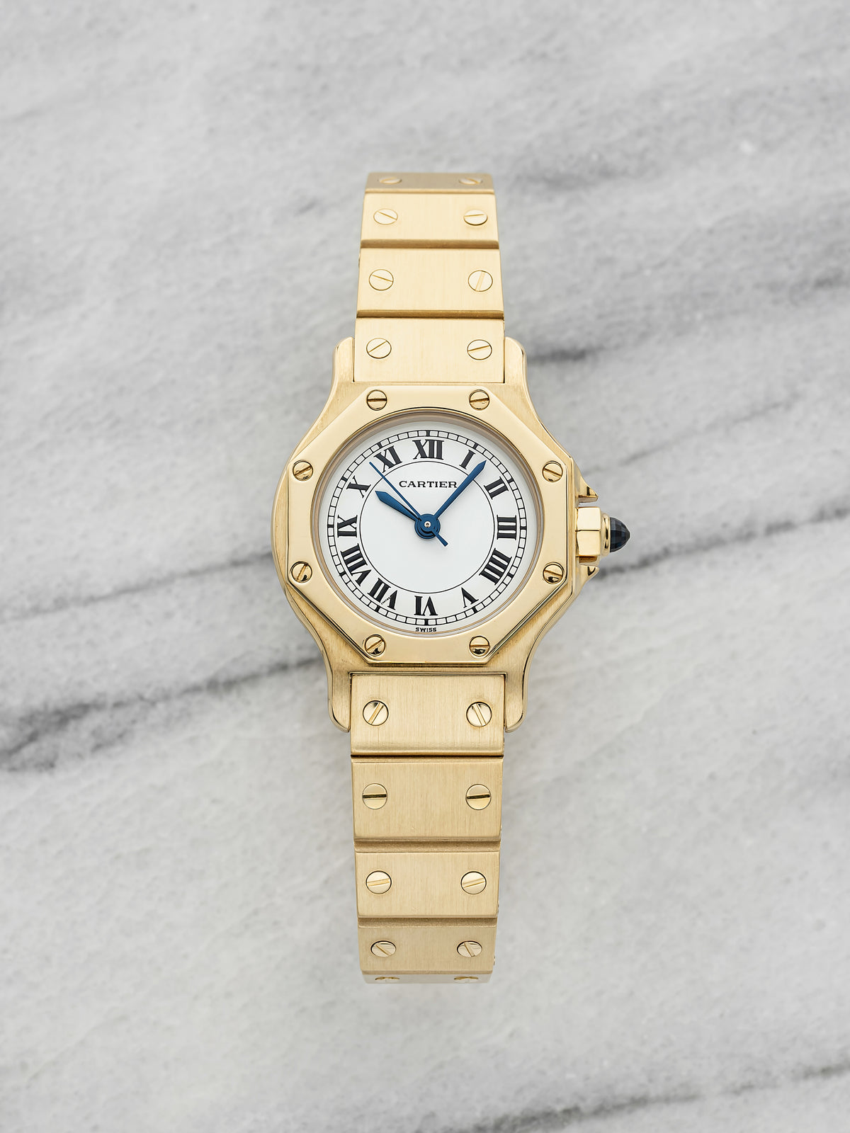Vintage 1980s Cartier Lady Santos Octagonal 0906 18K YG White Roman Auto 24mm