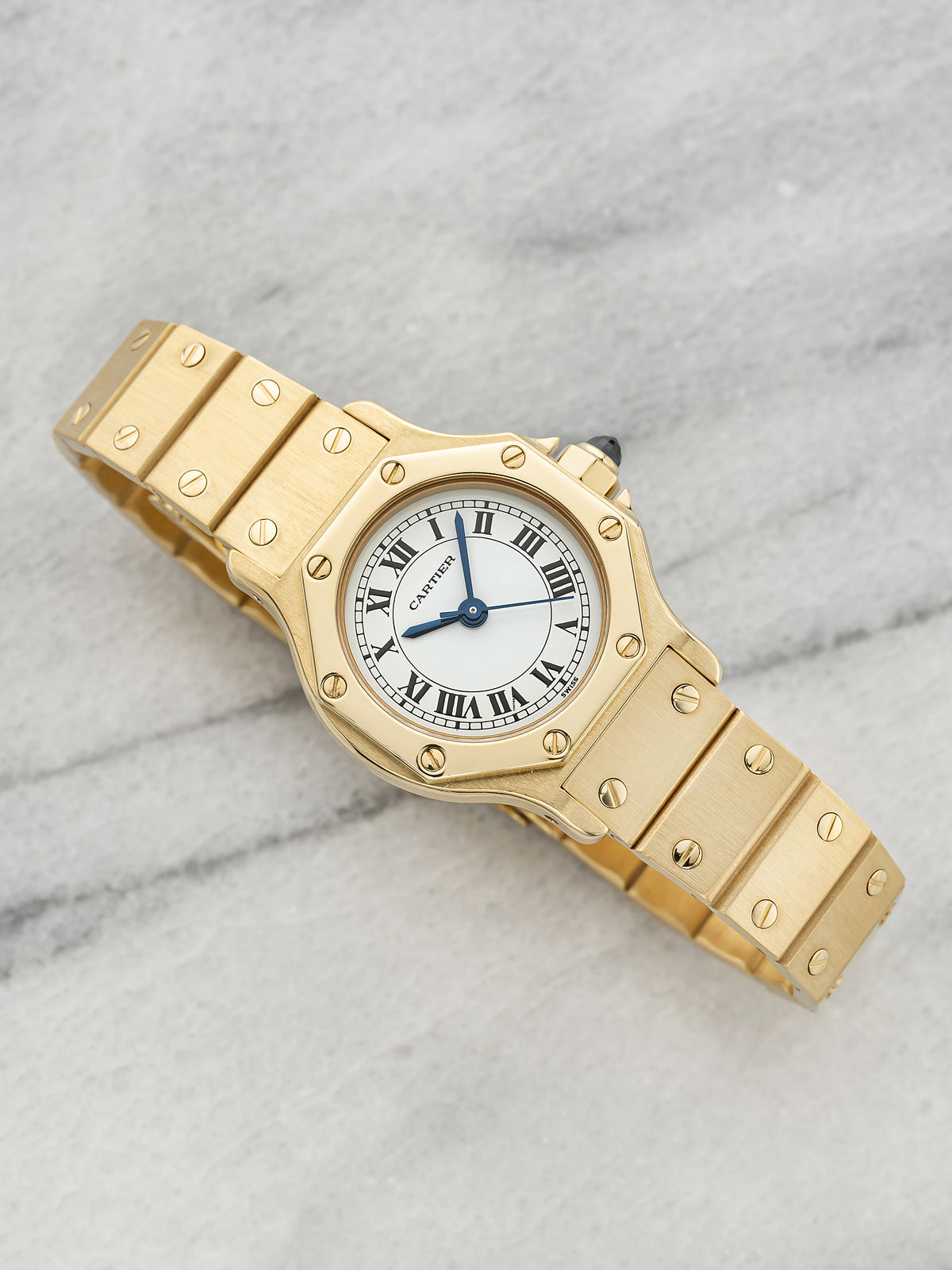 Vintage 1980s Cartier Lady Santos Octagonal 0906 18K YG White Roman Auto 24mm