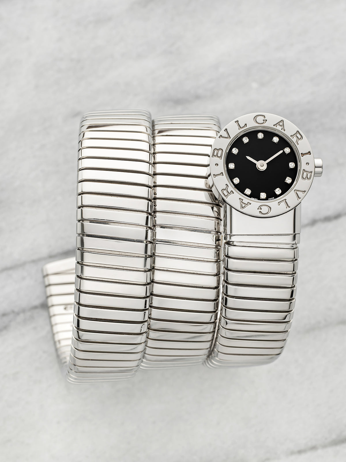 2000s Bvlgari Lady Serpenti Tubogas BB191TS Steel Black Diamond Dial Quartz 19mm