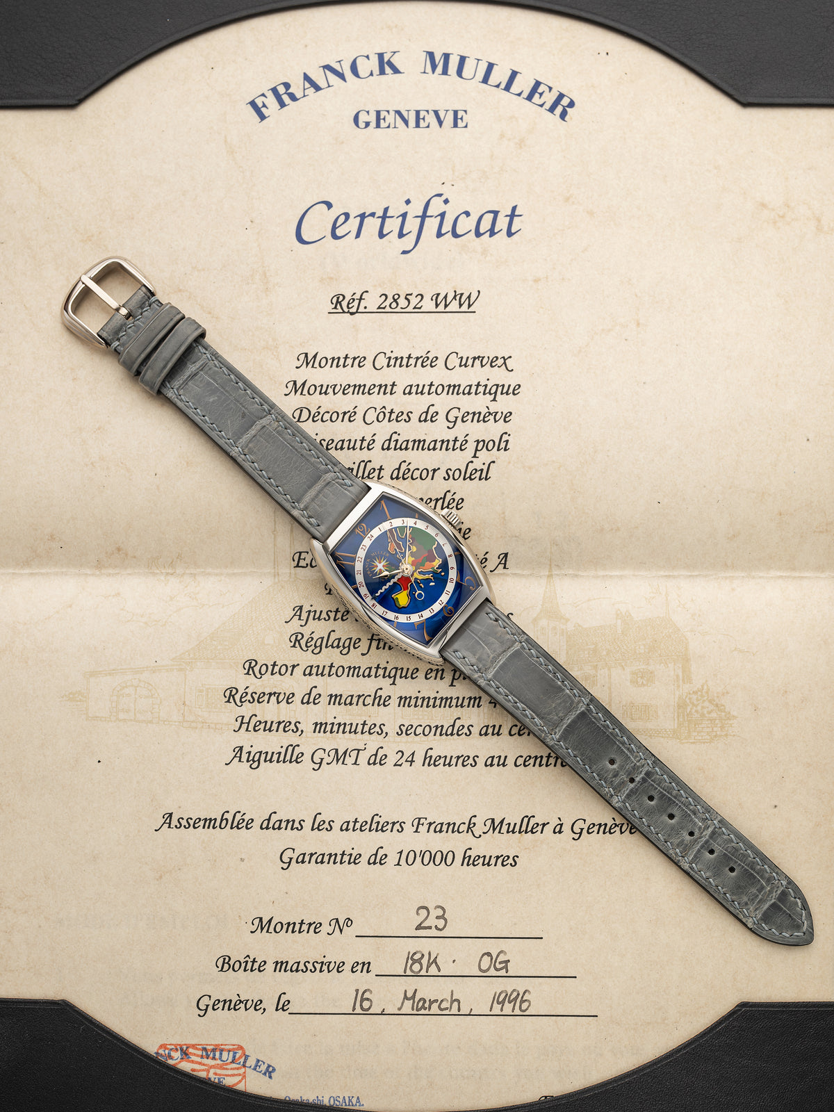 2000s Franck Muller Cintrée Curvex 2852WW 18K WG Blue Guilloché EU Map Auto 30mm