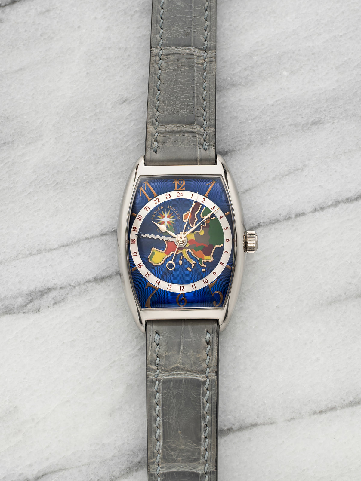2000s Franck Muller Cintrée Curvex 2852WW 18K WG Blue Guilloché EU Map Auto 30mm