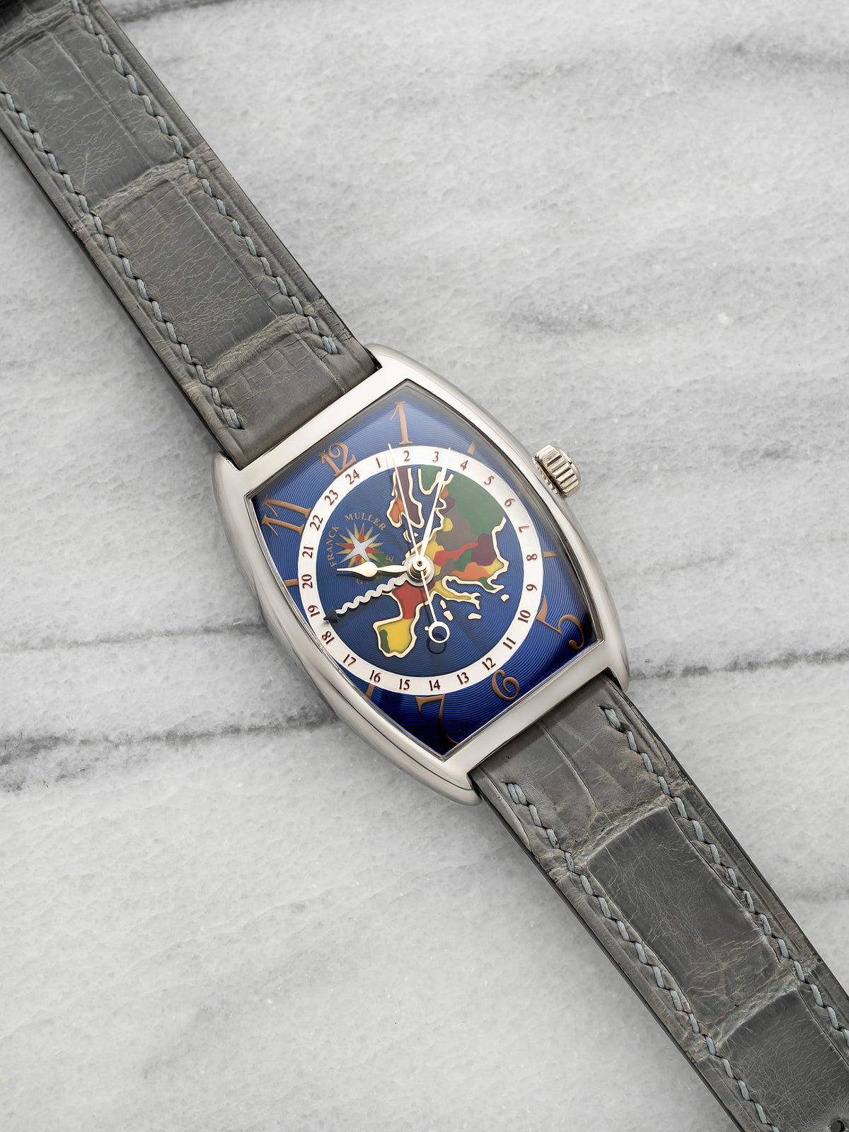 2000s Franck Muller Cintrée Curvex 2852WW 18K WG Blue Guilloché EU Map Auto 30mm