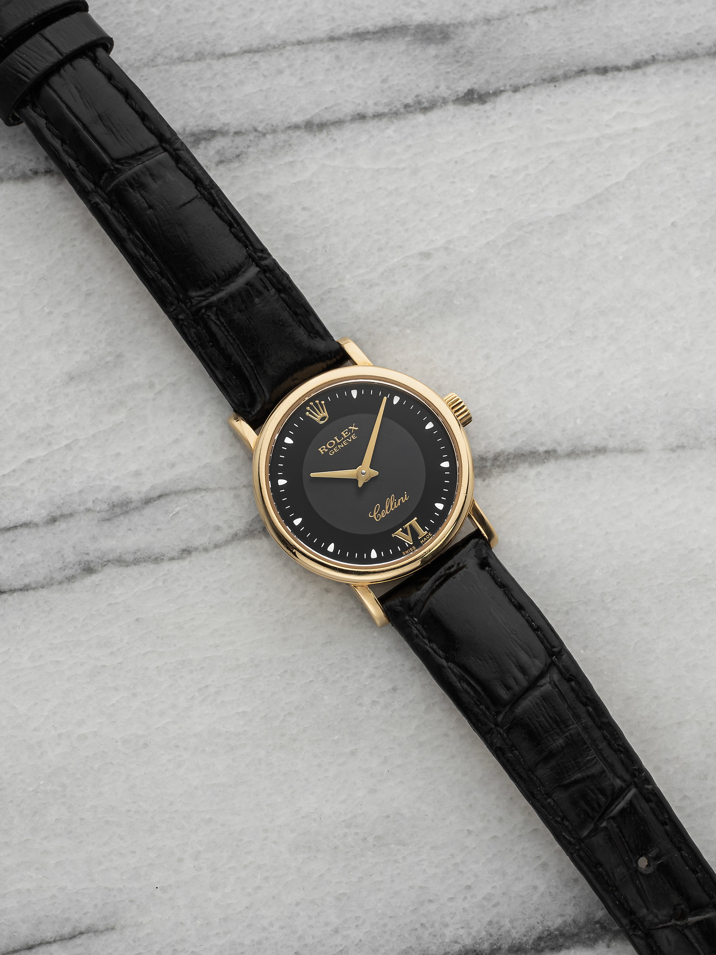 Vintage 1999 Rolex Lady Cellini 6110 18K YG Black Bullseye Dial Quartz 25mm