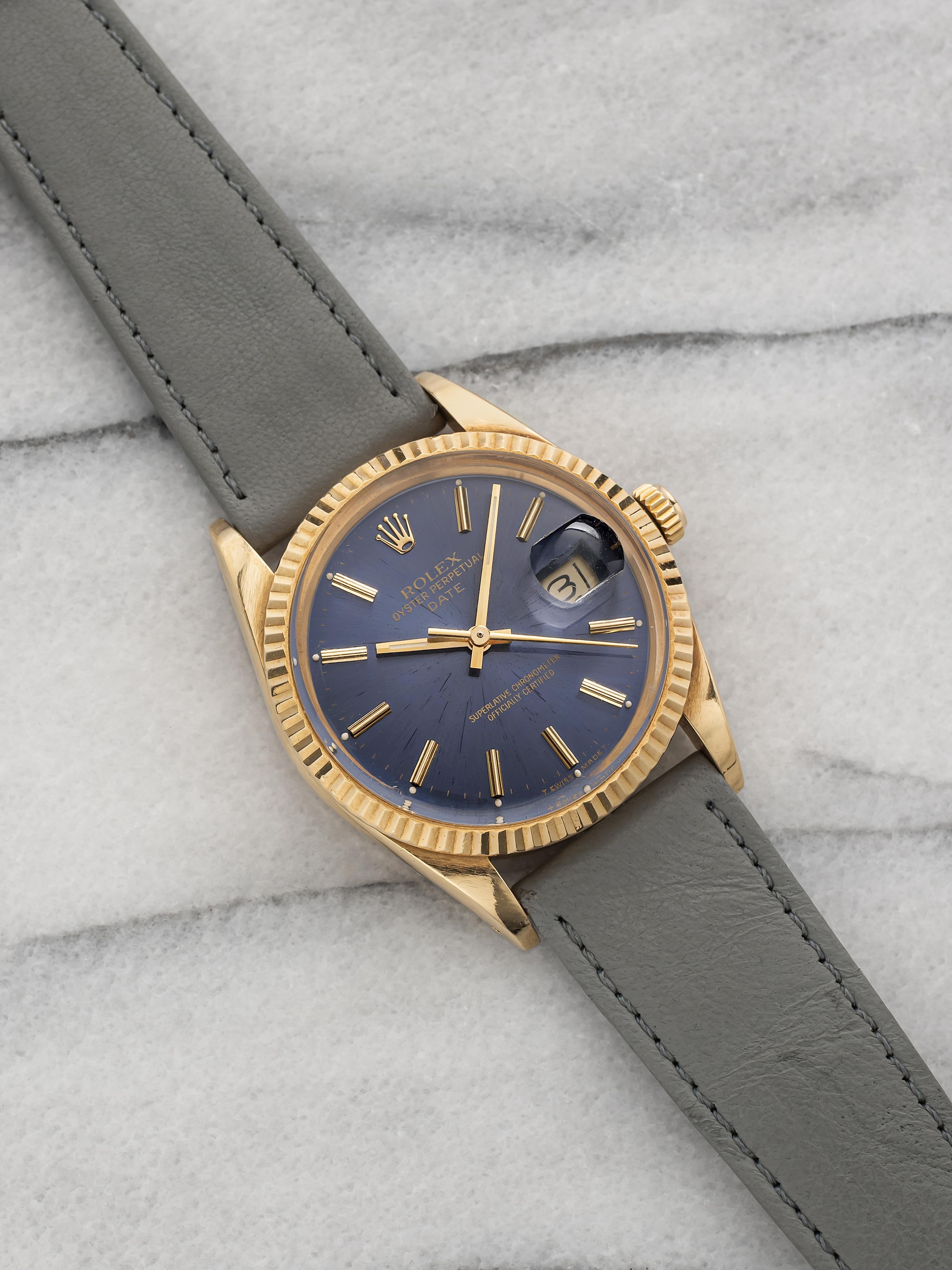 Vintage 1985 Rolex Oyster Perpetual Date 15038 18K YG Blue Dial 34 mm