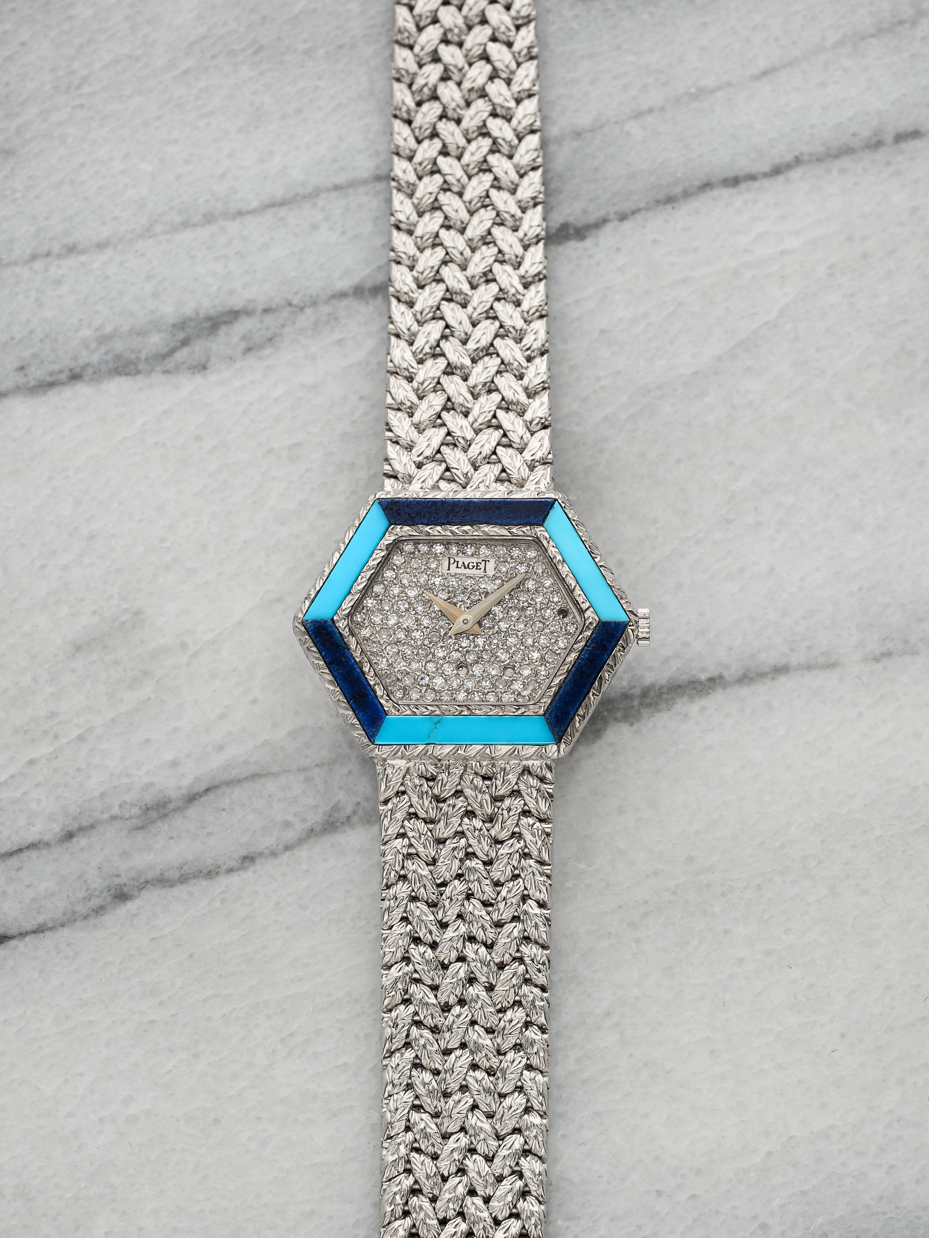 Piaget Hexagonal – White Gold Pavé Dial with Turquoise & Lapis Bezel