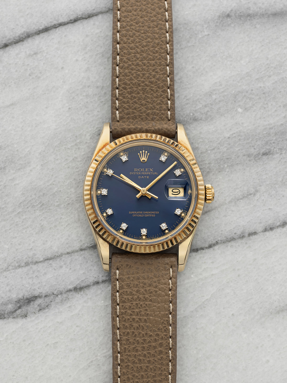 Vintage 1986 Rolex Oyster Perpetual Date 15037 14K YG Blue Diamond Auto 34mm