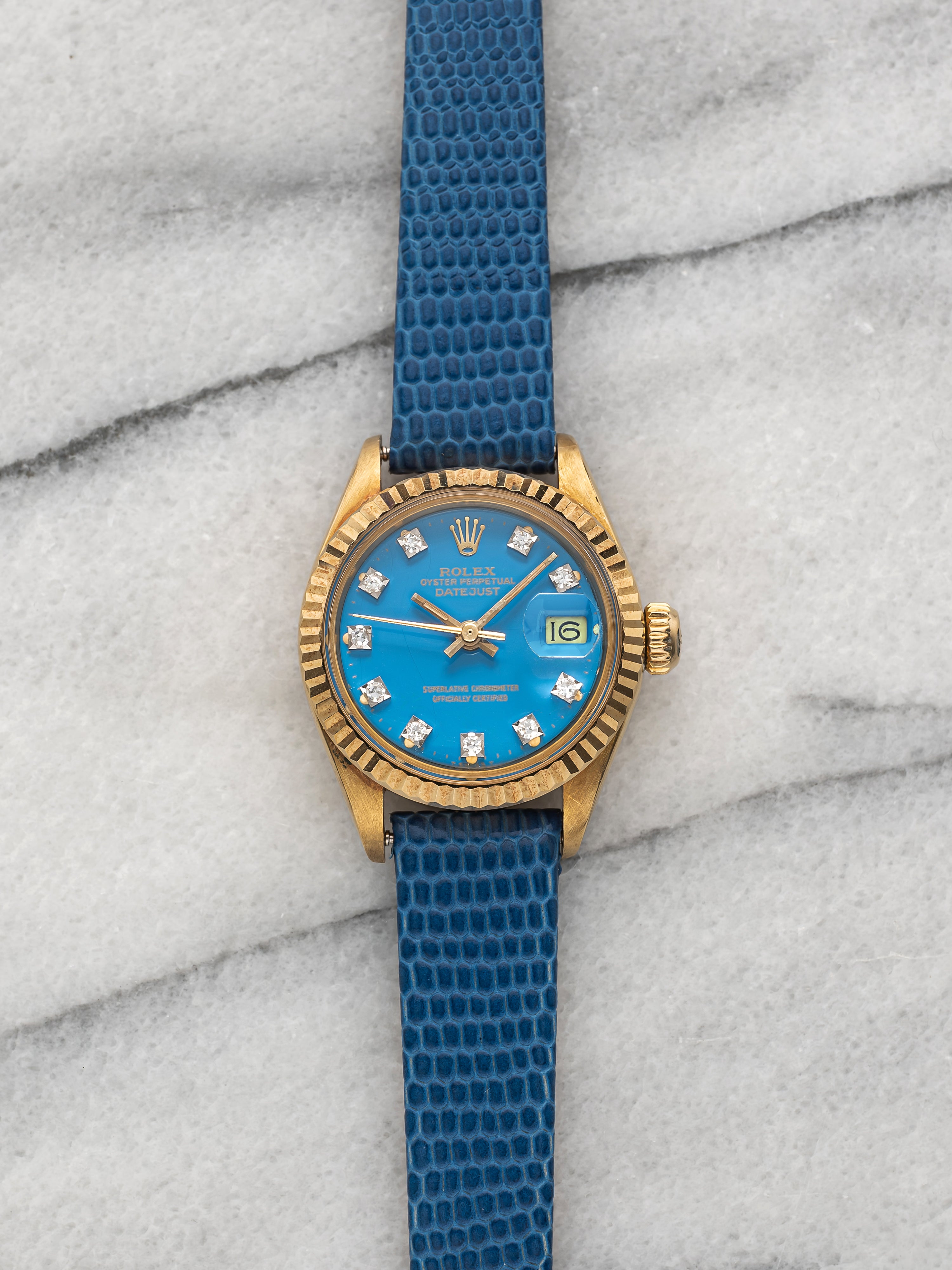 Vintage 1975 Rolex Lady Datejust 6317 18K YG Blue Stella Diamond Dial Auto 26 mm