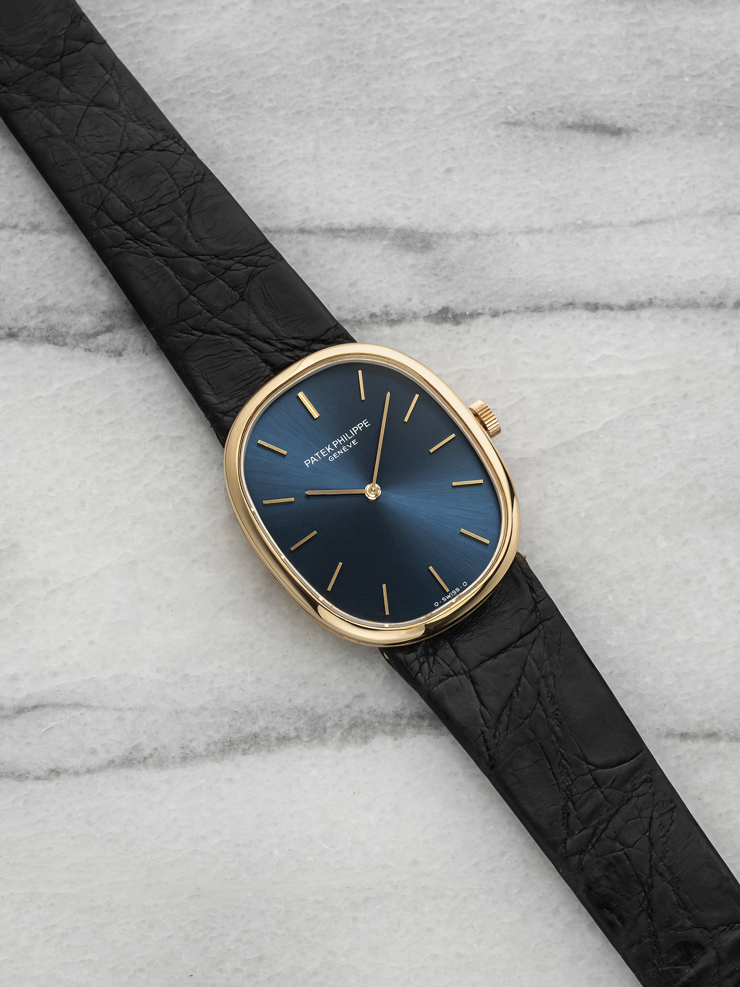 Vintage 1980s Patek Philippe Ellipse 3848J 18K YG Blue Sunburst Dial Manual 27mm