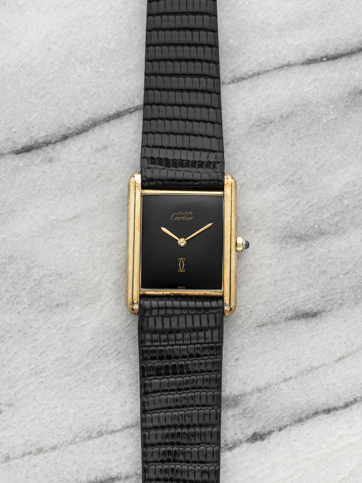 Vintage 1970s Cartier Lady Must de Cartier Tank 681006 Vermeil Black Quartz 23mm