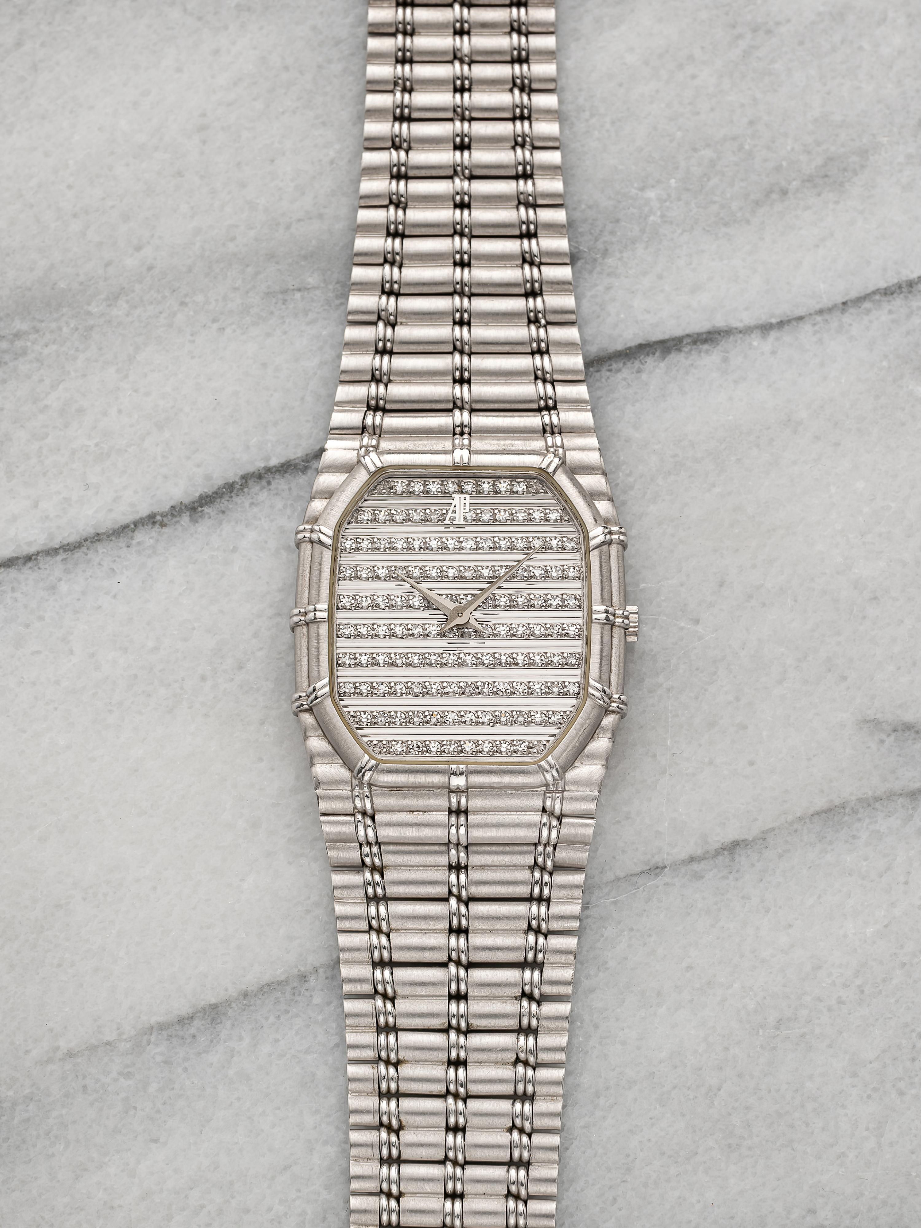 Vintage 1980s Audemars Piguet Bamboo 18K WG Diamond Pave Gadroon Dial 27 mm