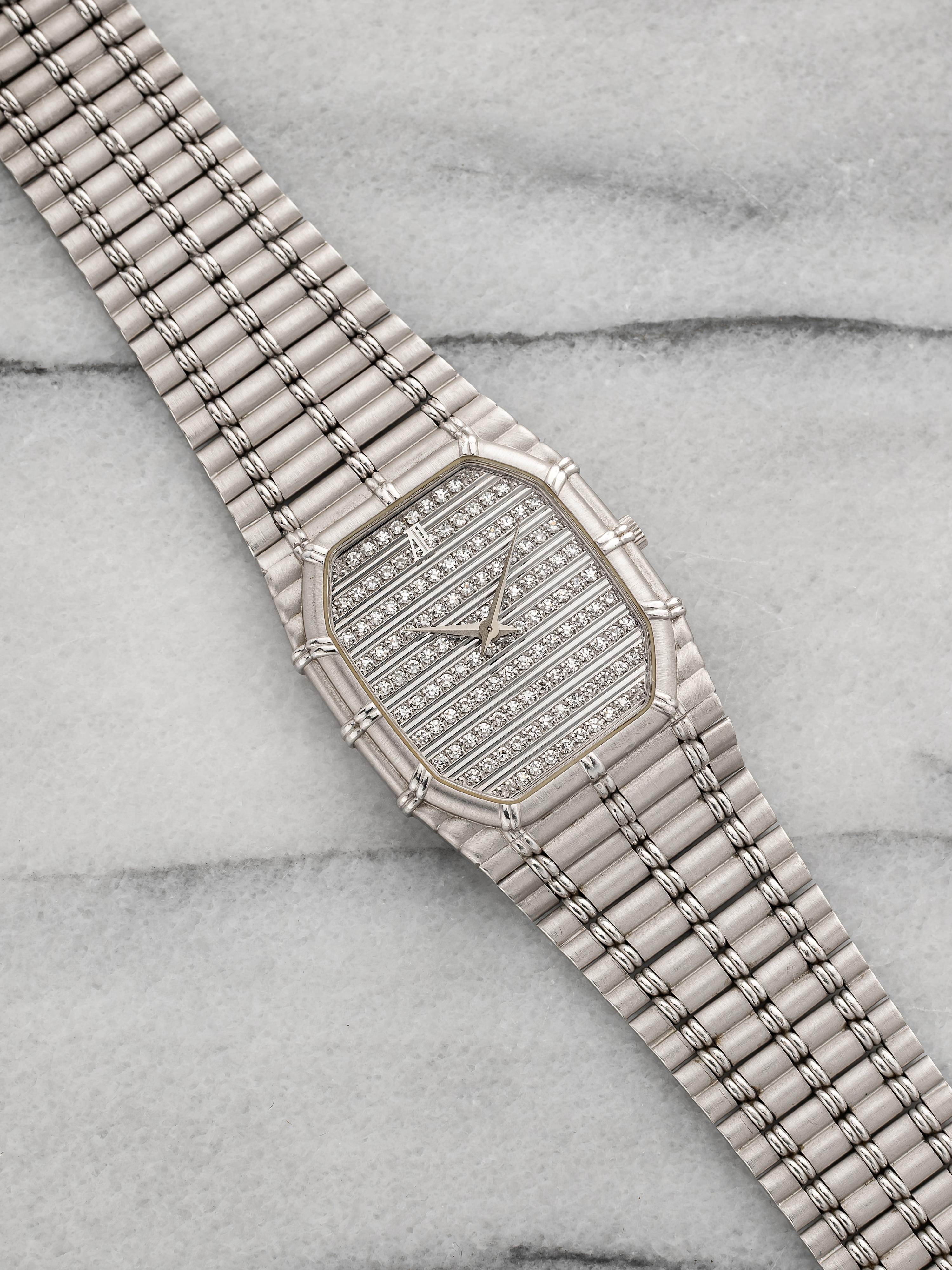 Vintage 1980s Audemars Piguet Bamboo 18K WG Diamond Pave Gadroon Dial 27 mm
