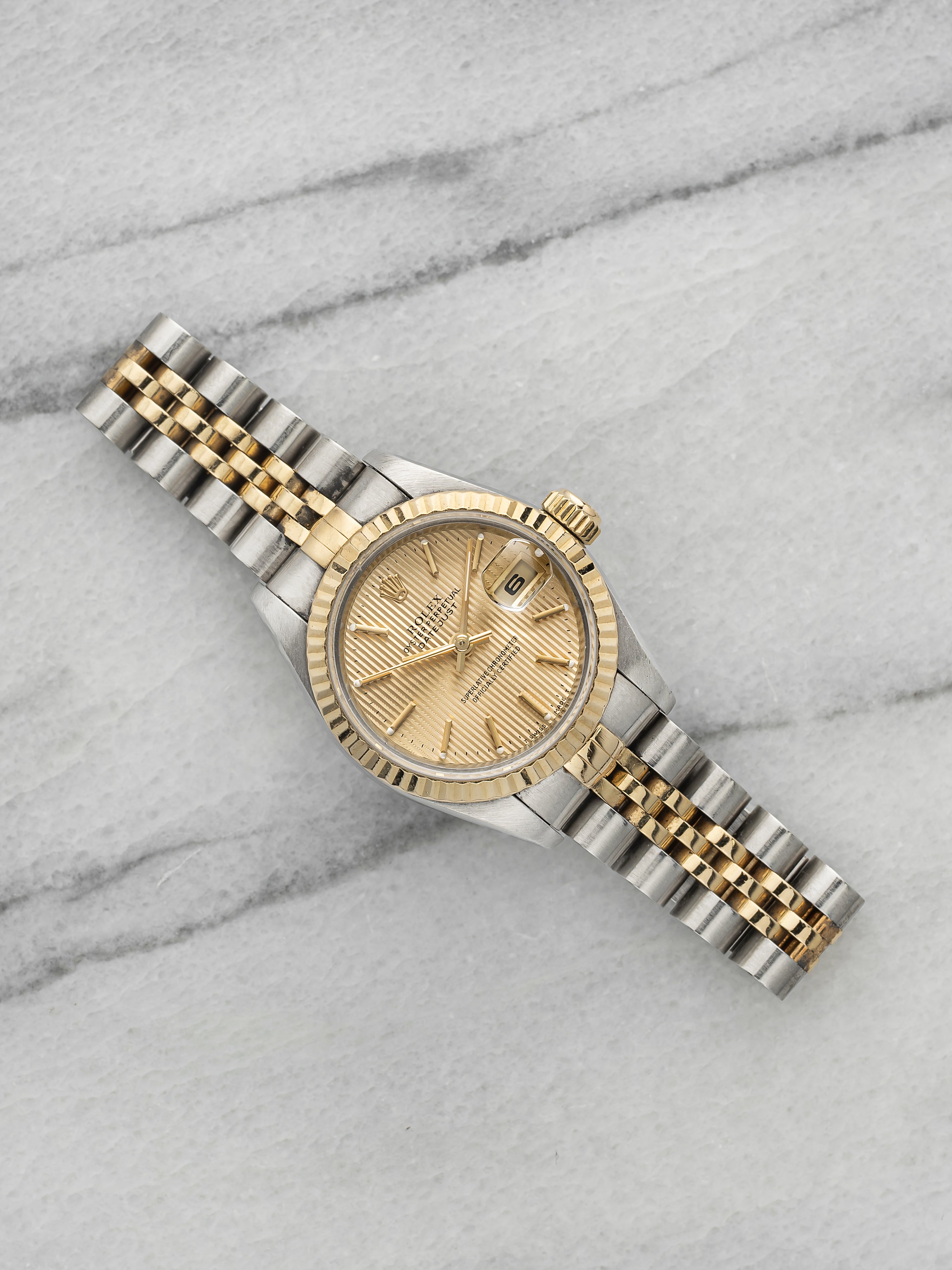 Vintage 1990 Rolex Lady Datejust 69173 TT Champagne Tapestry Dial Auto 26mm