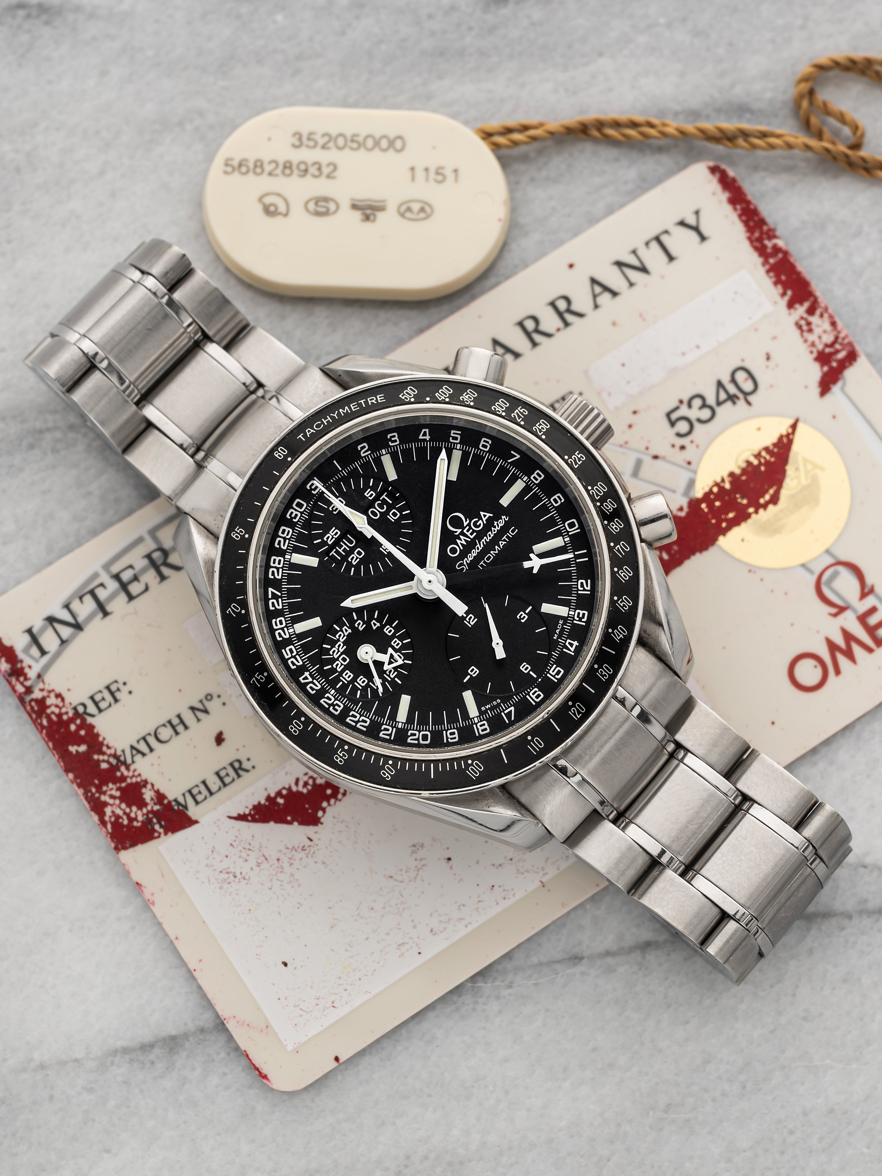 1990s Omega Speedmaster Day Date 3520.50.00 Stainless Steel Black Dial Automatic