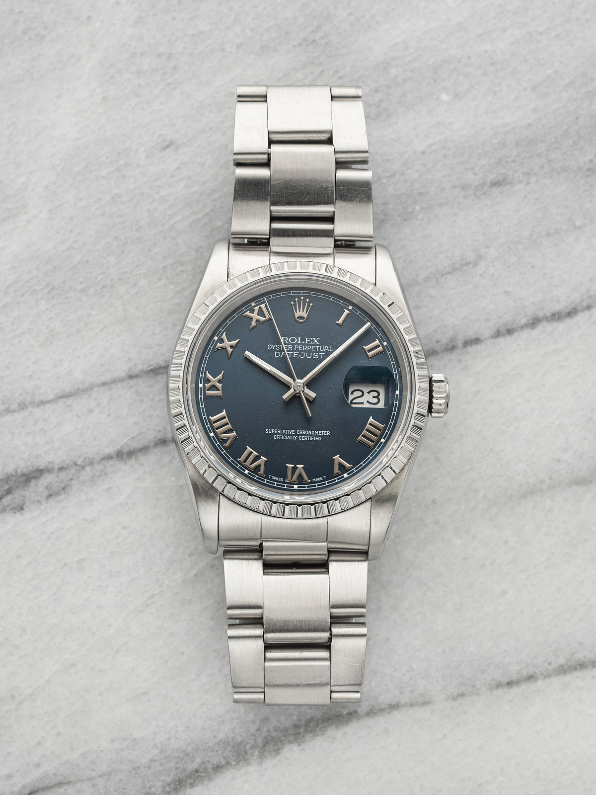 Vintage 1990 Rolex Datejust 16220 Stainless Steel Blue Roman Dial Automatic 36mm