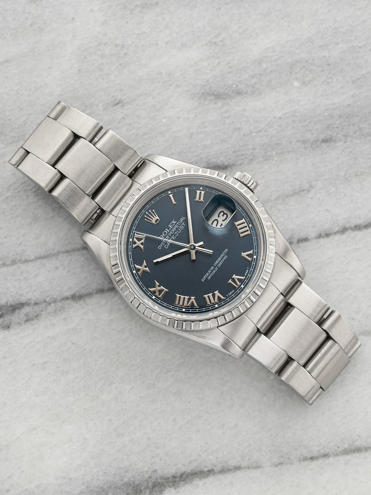 Vintage 1990 Rolex Datejust 16220 Stainless Steel Blue Roman Dial Automatic 36mm