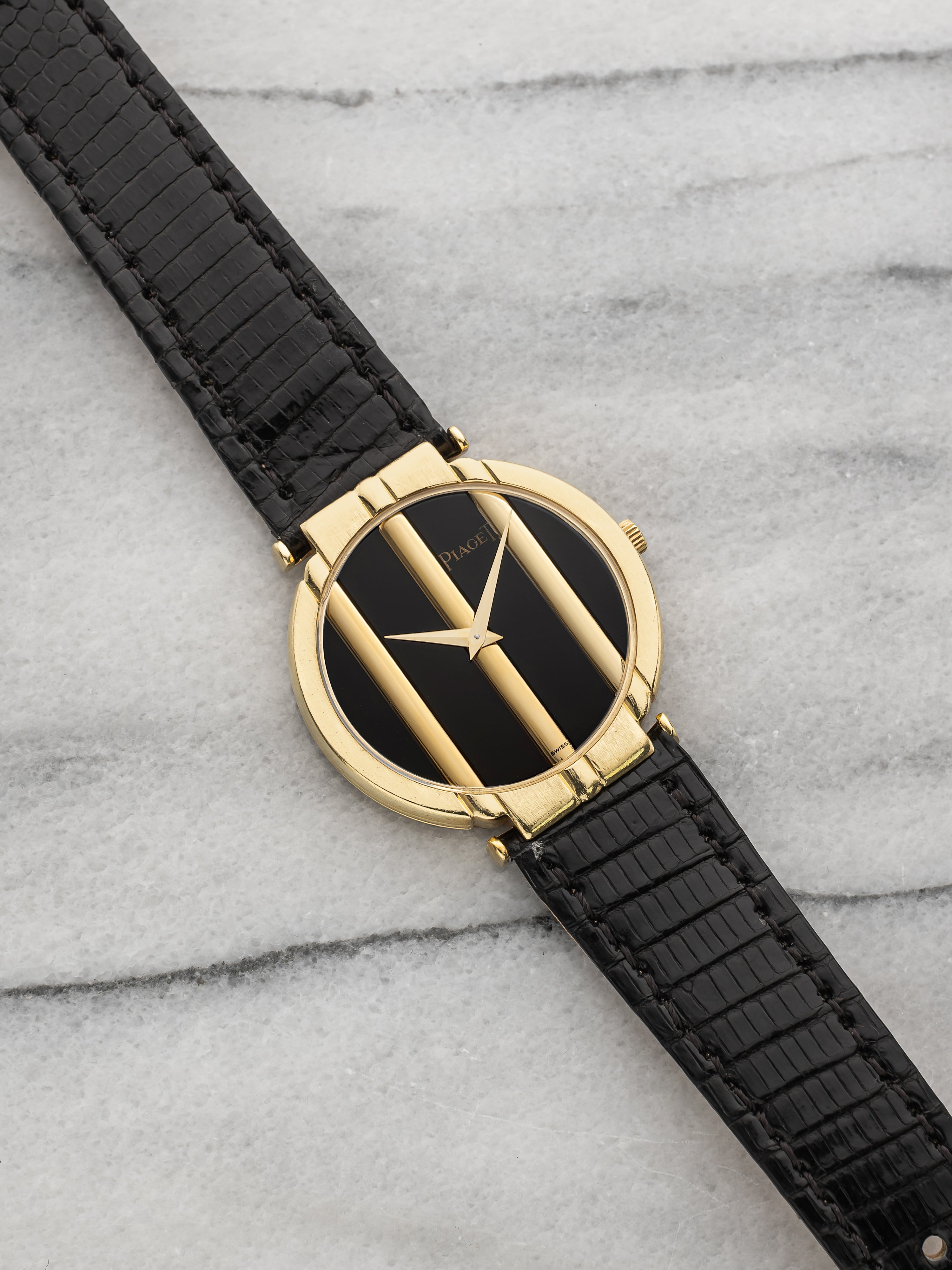 Vintage 1980s Piaget Polo 8673 18K Yellow Gold Onyx Dial Quartz 31 mm