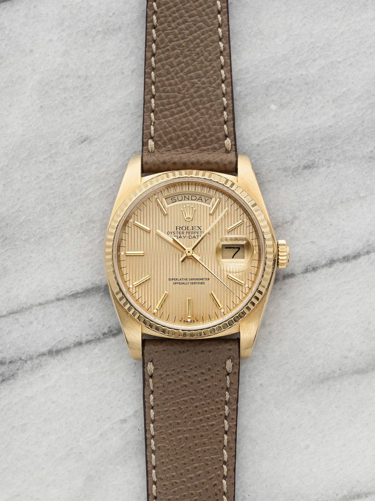 Vintage 1984 Rolex Day-Date 18038 18K YG Champagne Tapestry Dial Auto 36mm