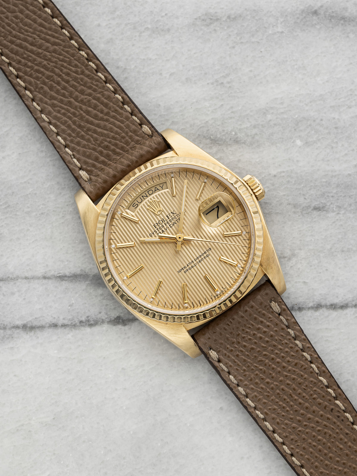 Vintage 1984 Rolex Day-Date 18038 18K YG Champagne Tapestry Dial Auto 36mm
