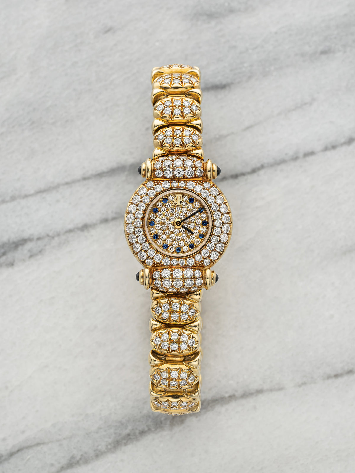 Vintage 1990s Audemars Piguet Ladies 18K Yellow Gold Diamond Pave Quartz 20mm