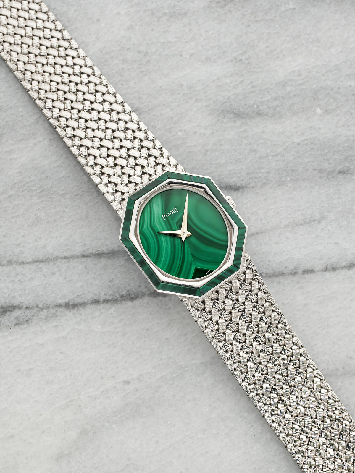 Vintage 1970s Piaget Octagonal 9341P5 18K WG Malachite Stone Dial Manual 23mm
