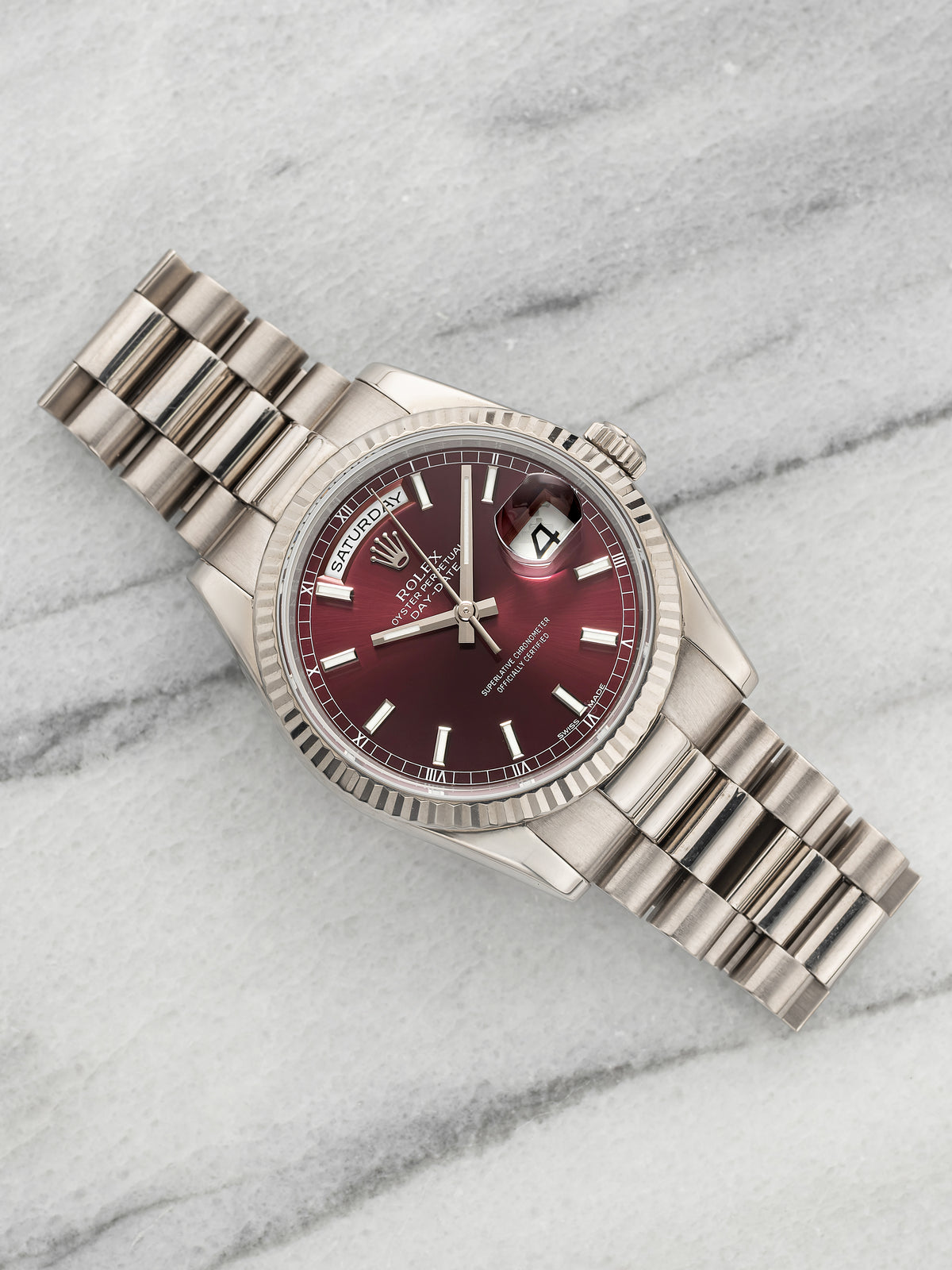 Vintage 1999 Rolex Day-Date 118239 18K White Gold Cherry Sunburst Dial Auto 36mm