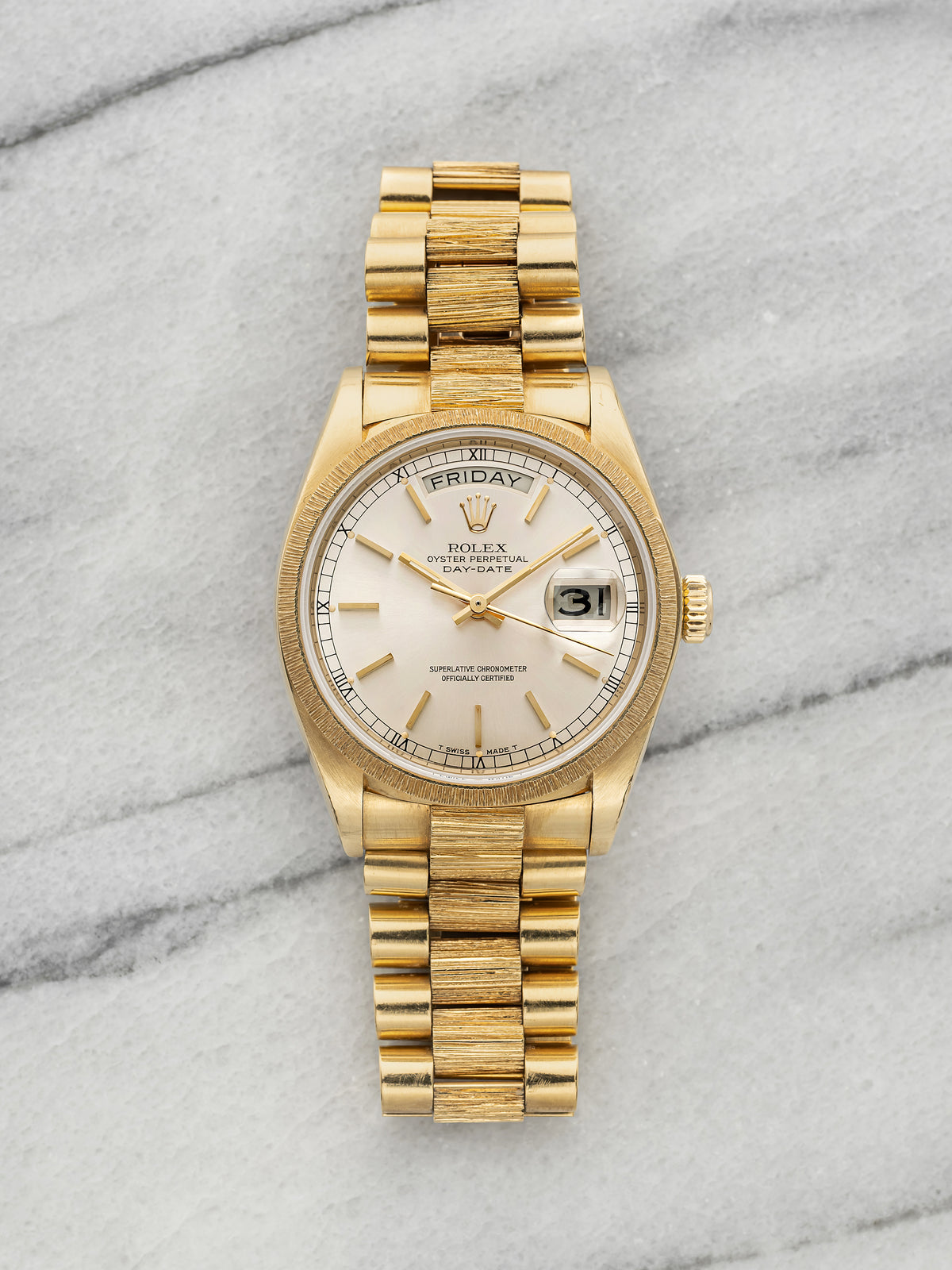 Vintage 1979 Rolex Day-Date 18078 18K YG Bark Finish Silver Dial Auto 36mm