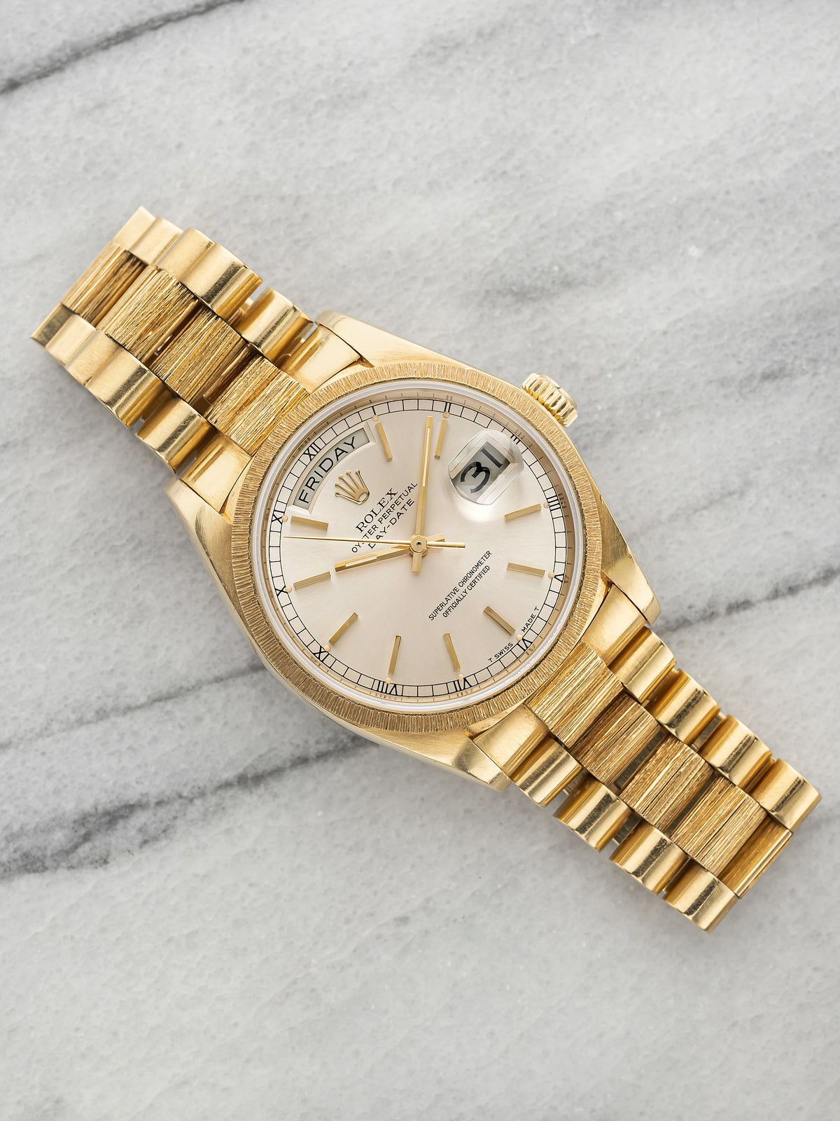 Vintage 1979 Rolex Day-Date 18078 18K YG Bark Finish Silver Dial Auto 36mm