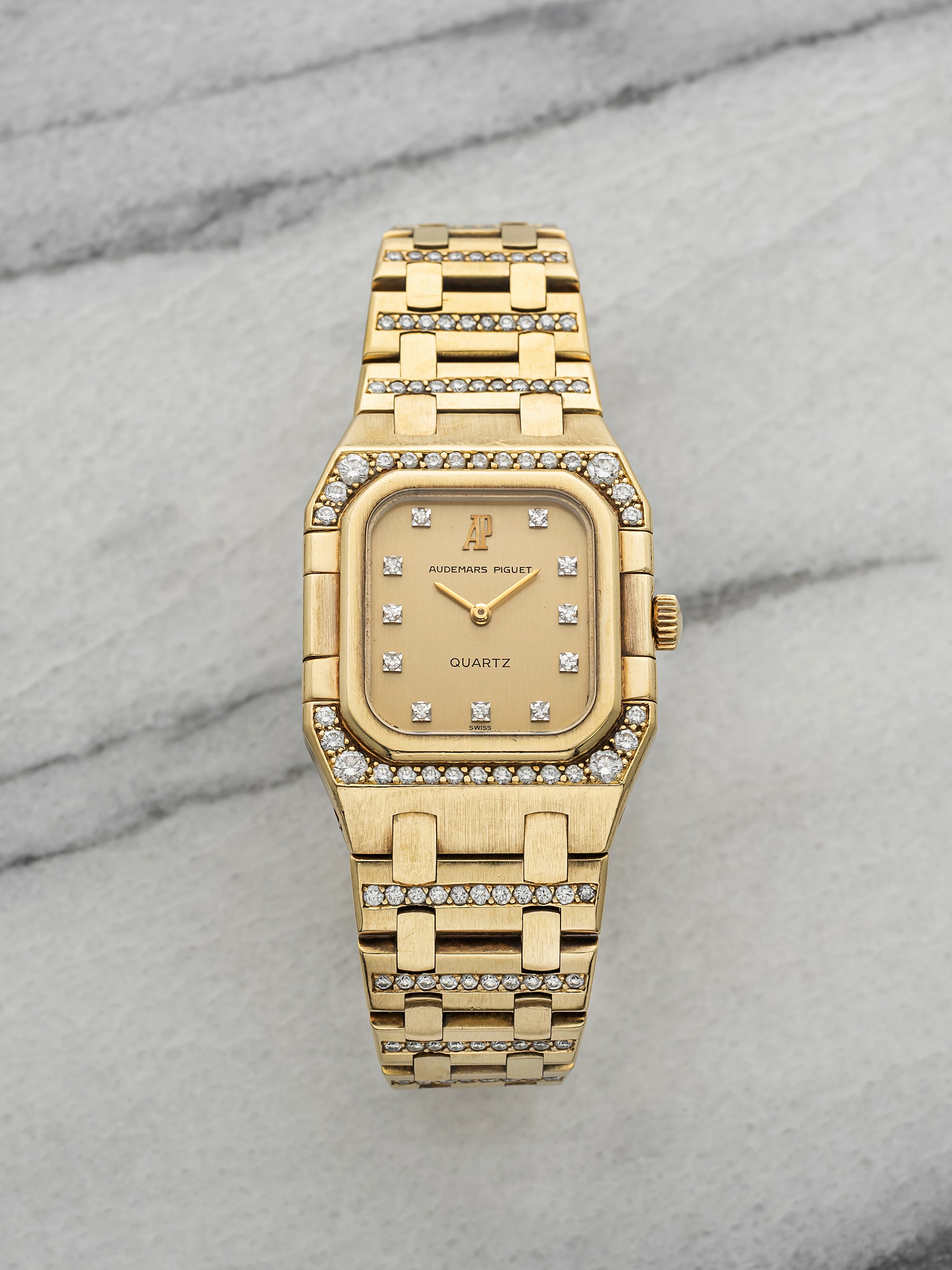 Vintage 1980s Audemars Piguet Royal Oak 6015BA 18K YG Diamond Dial Quartz 25mm