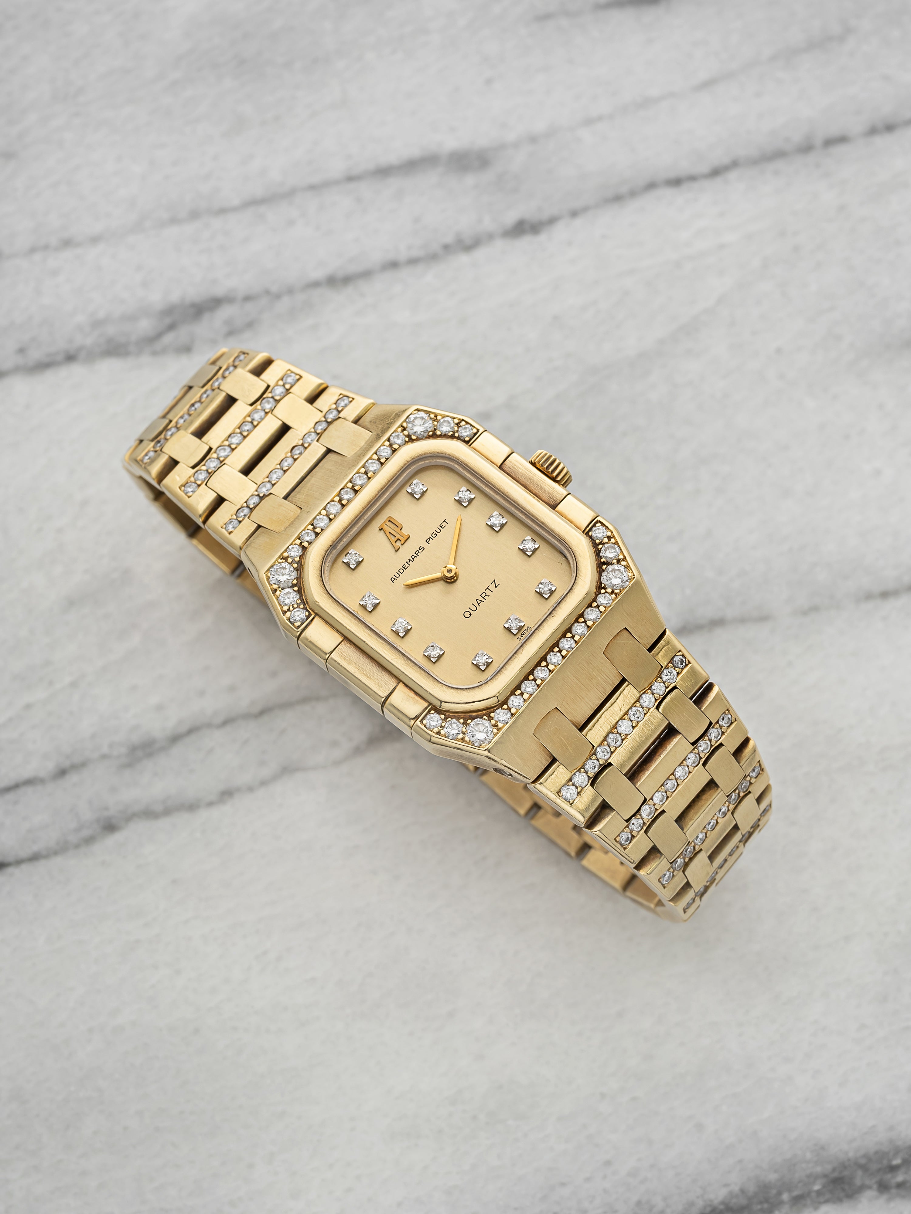 Vintage 1980s Audemars Piguet Royal Oak 6015BA 18K YG Diamond Dial Quartz 25mm