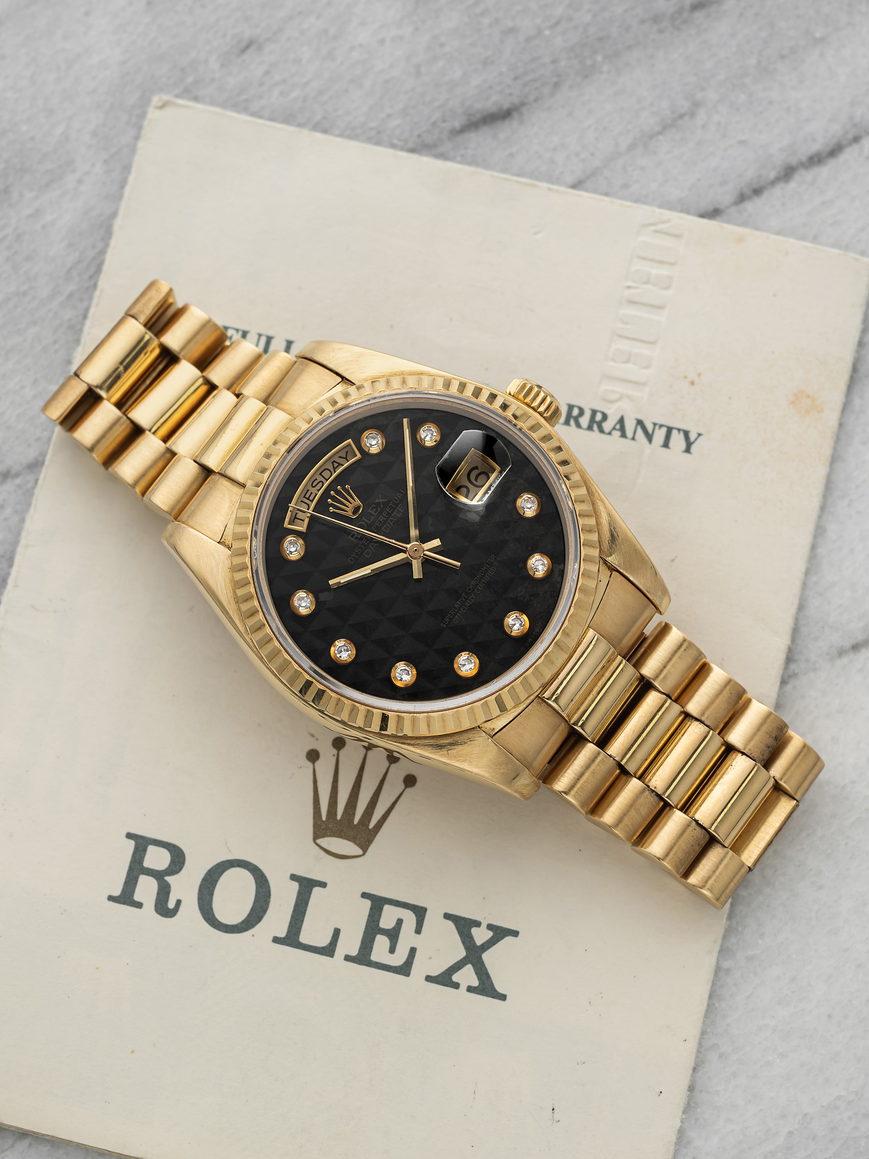 Vintage 1987 Rolex Day Date 18038 18K YG Onyx Pyramid Diamond Dial Auto 36mm