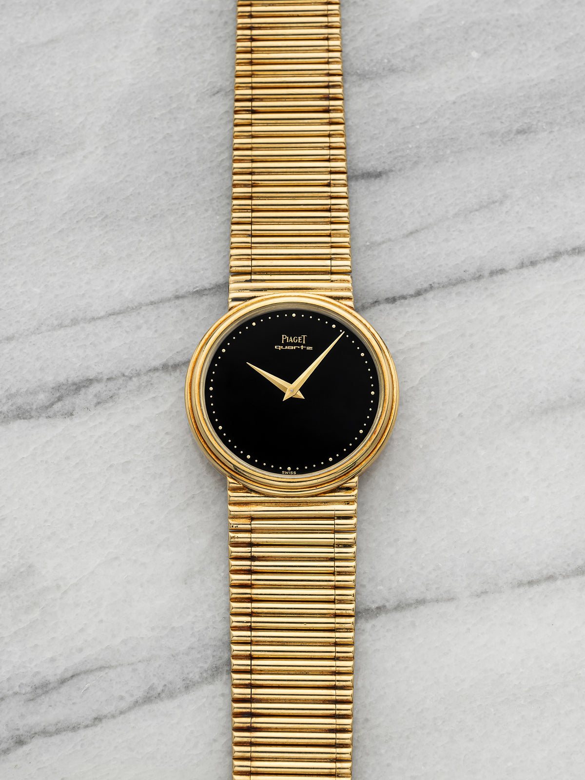 Vintage 1980s Piaget 763261 18K Yellow Gold Black Lacquer Dial Quartz 32mm