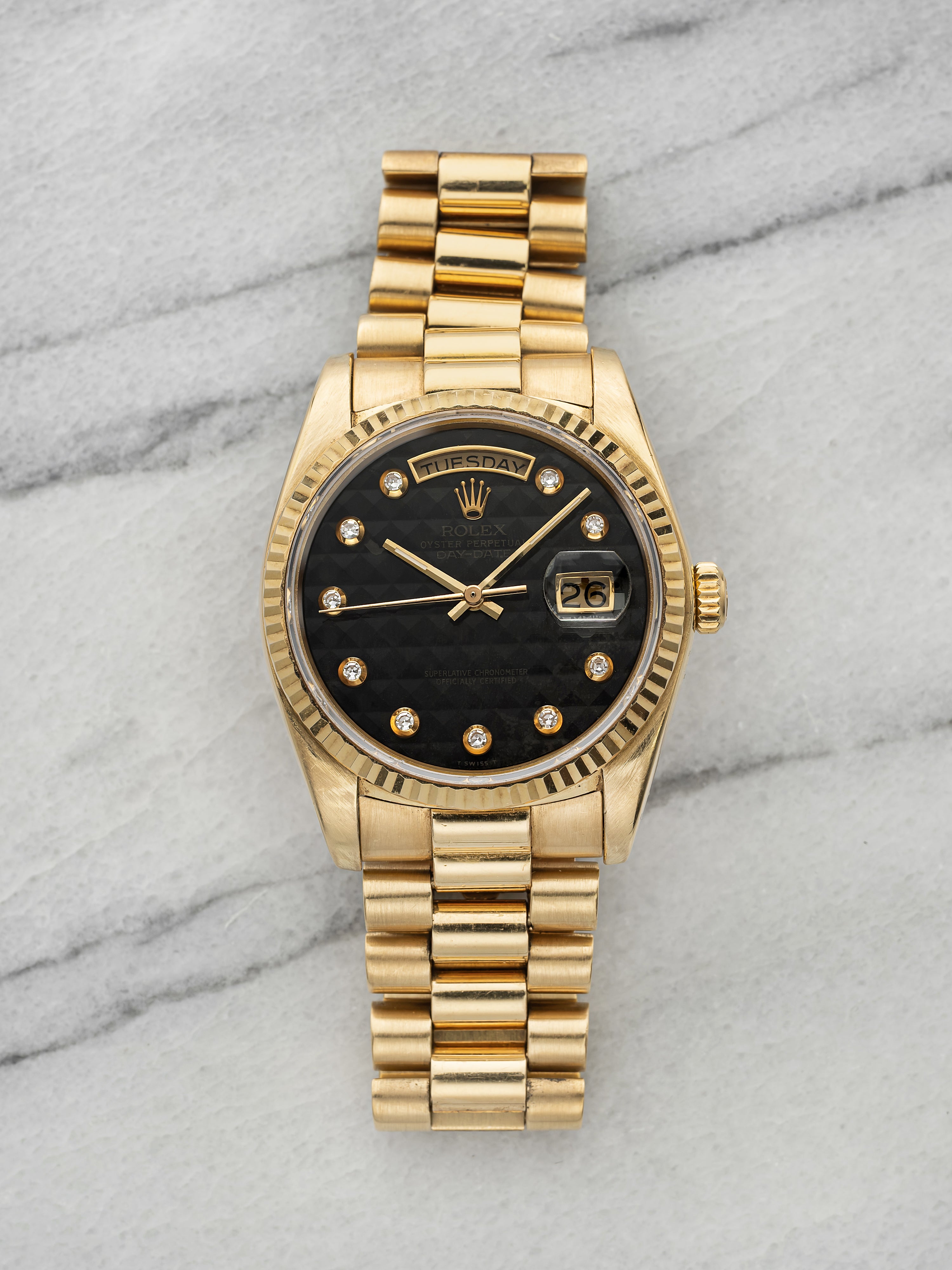 Vintage 1987 Rolex Day Date 18038 18K YG Onyx Pyramid Diamond Dial Auto 36mm