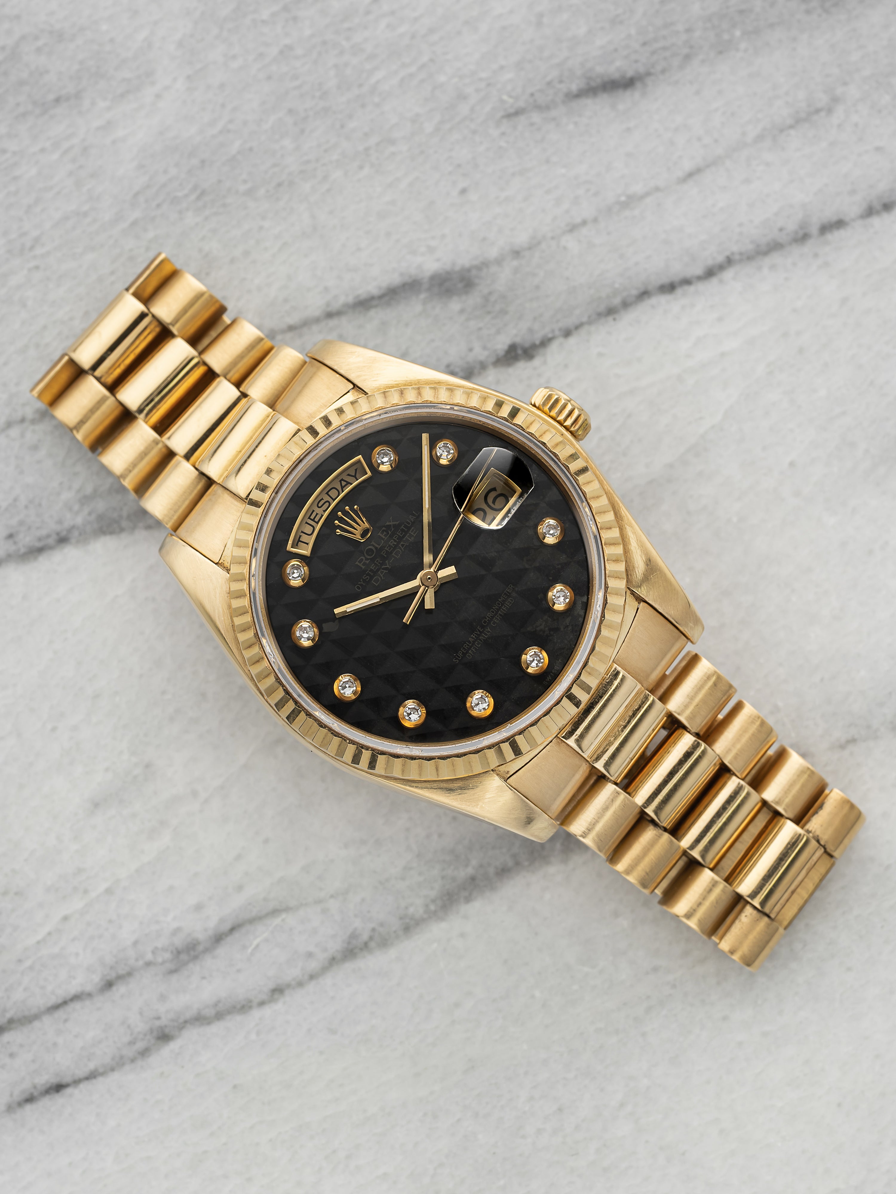Vintage 1987 Rolex Day Date 18038 18K YG Onyx Pyramid Diamond Dial Auto 36mm