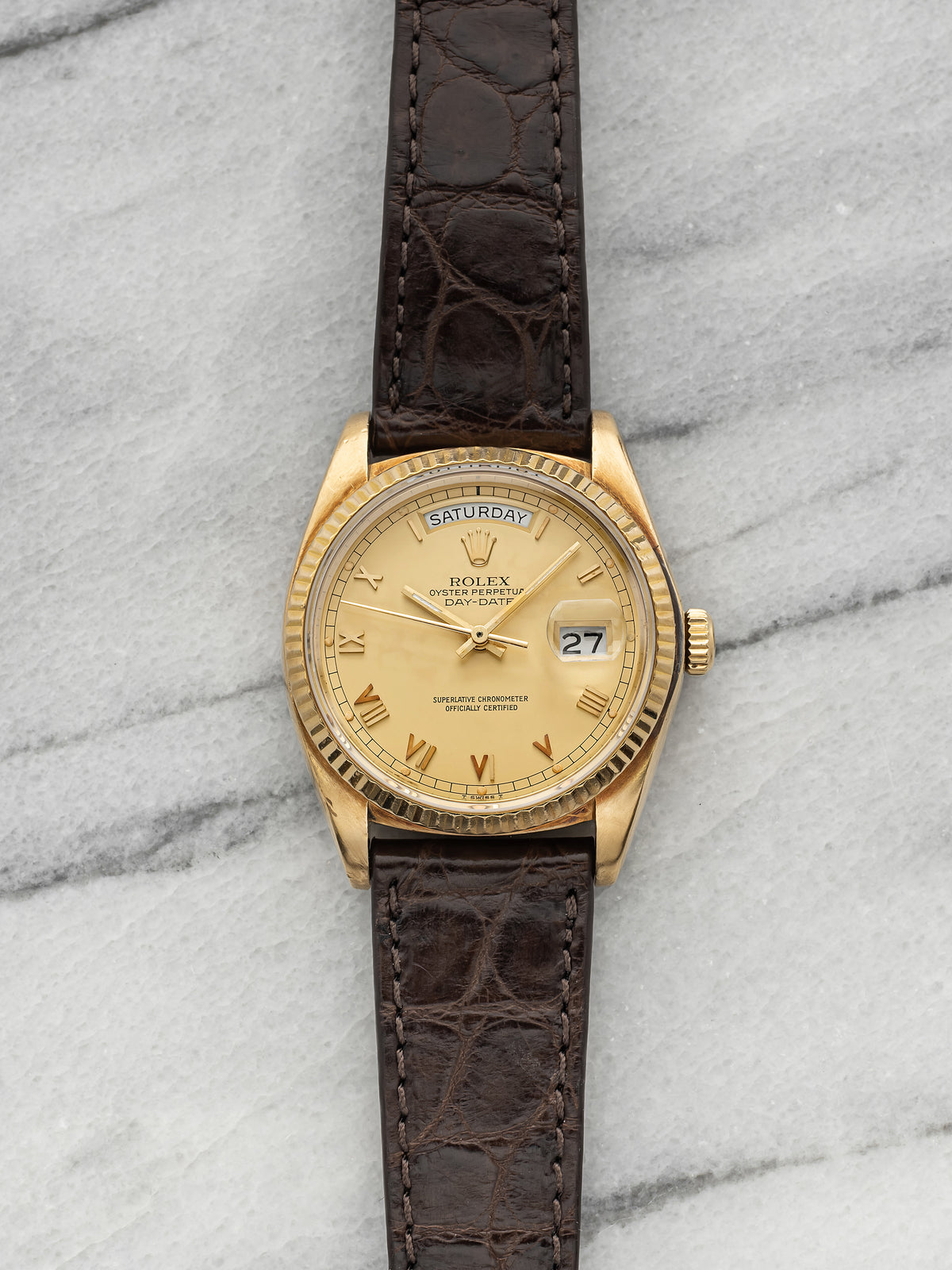 1980 Rolex Day-Date 18038 18K Yellow Gold Champagne Roman Dial Automatic 36mm
